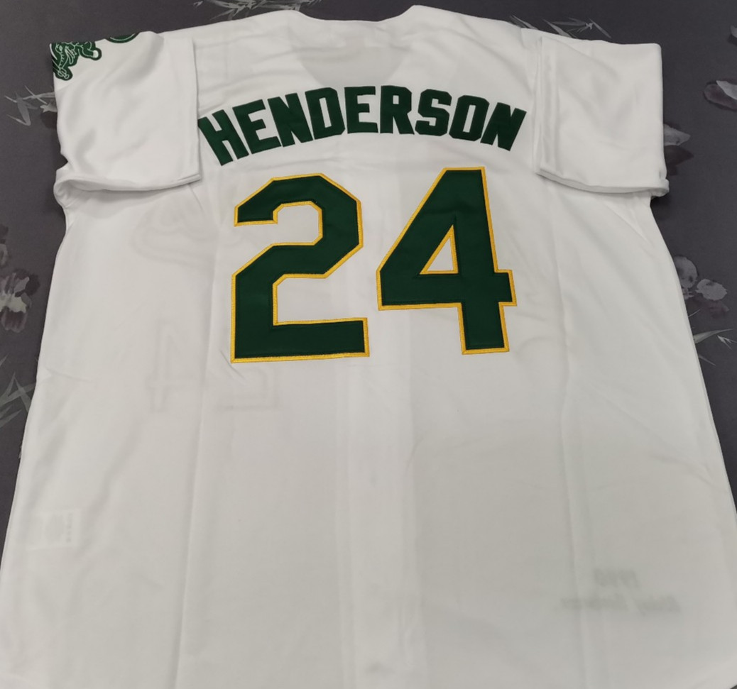 VINTAGE Rickey Henderson #24 Athletics Throwback White Sewn Stitched Jersey.