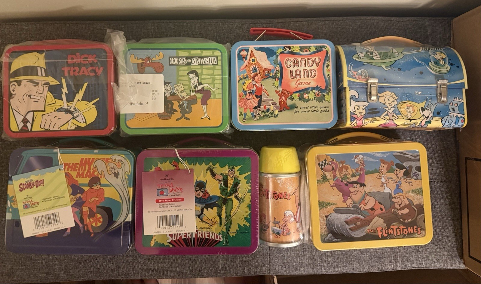 New & Vintage Lunch Boxes - Flintstones, Candy Land, Super Friends, Dick Tracy New & Vintage Lunch Boxes - Flintstones, Candy Land, Super Friends, Dick Tracy