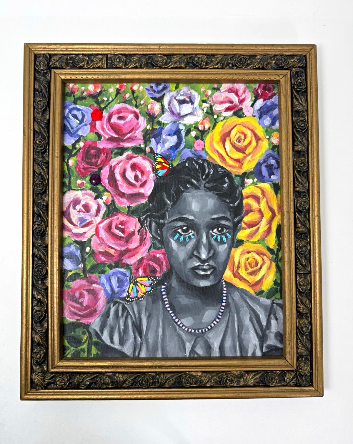 Original OOAK Framed Modern Canvas Portrait Woman Roses Butterflies 14x16
