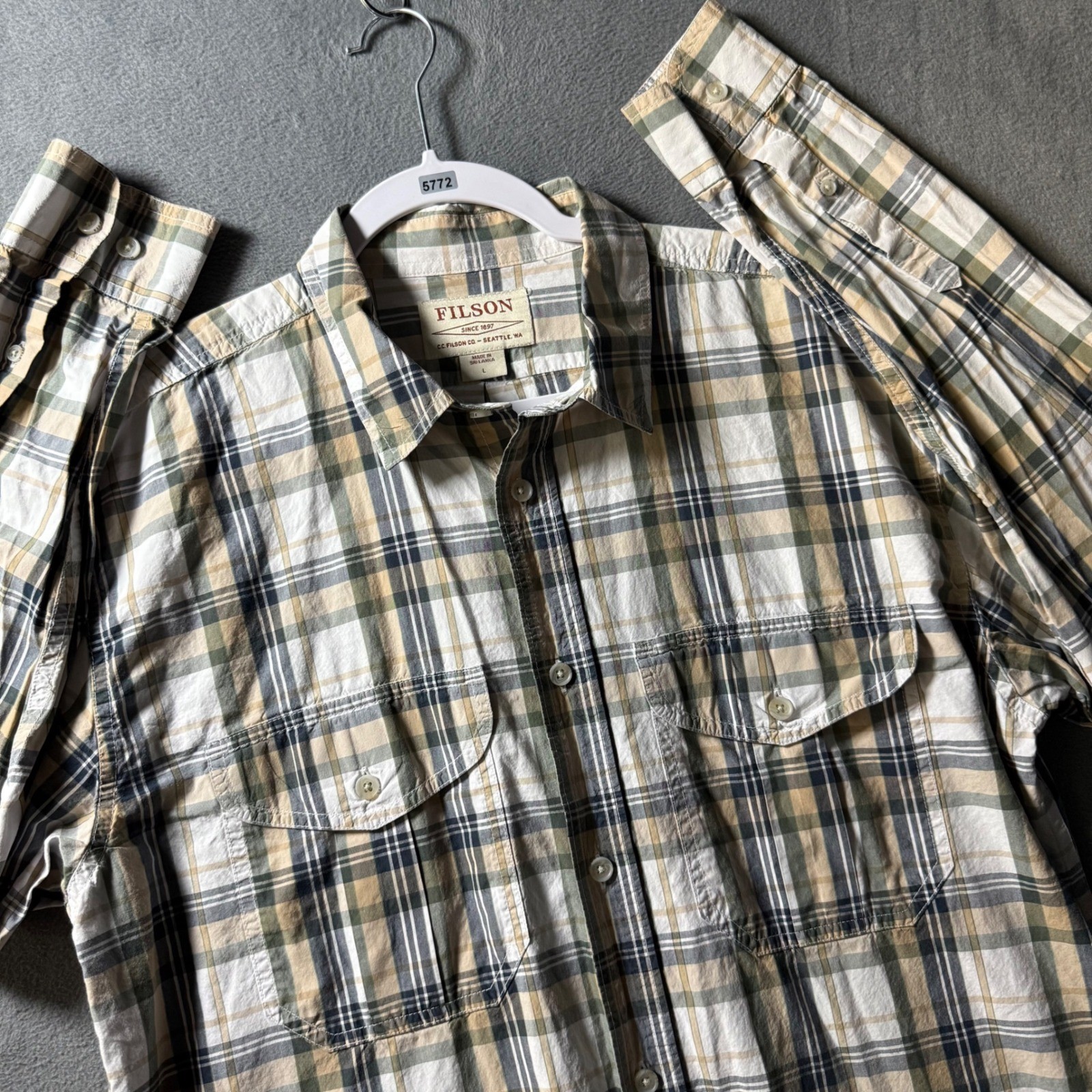 Filson Mens Large Plaid Button Down Shirt Tan Olive Green Long Sleeve Cotton