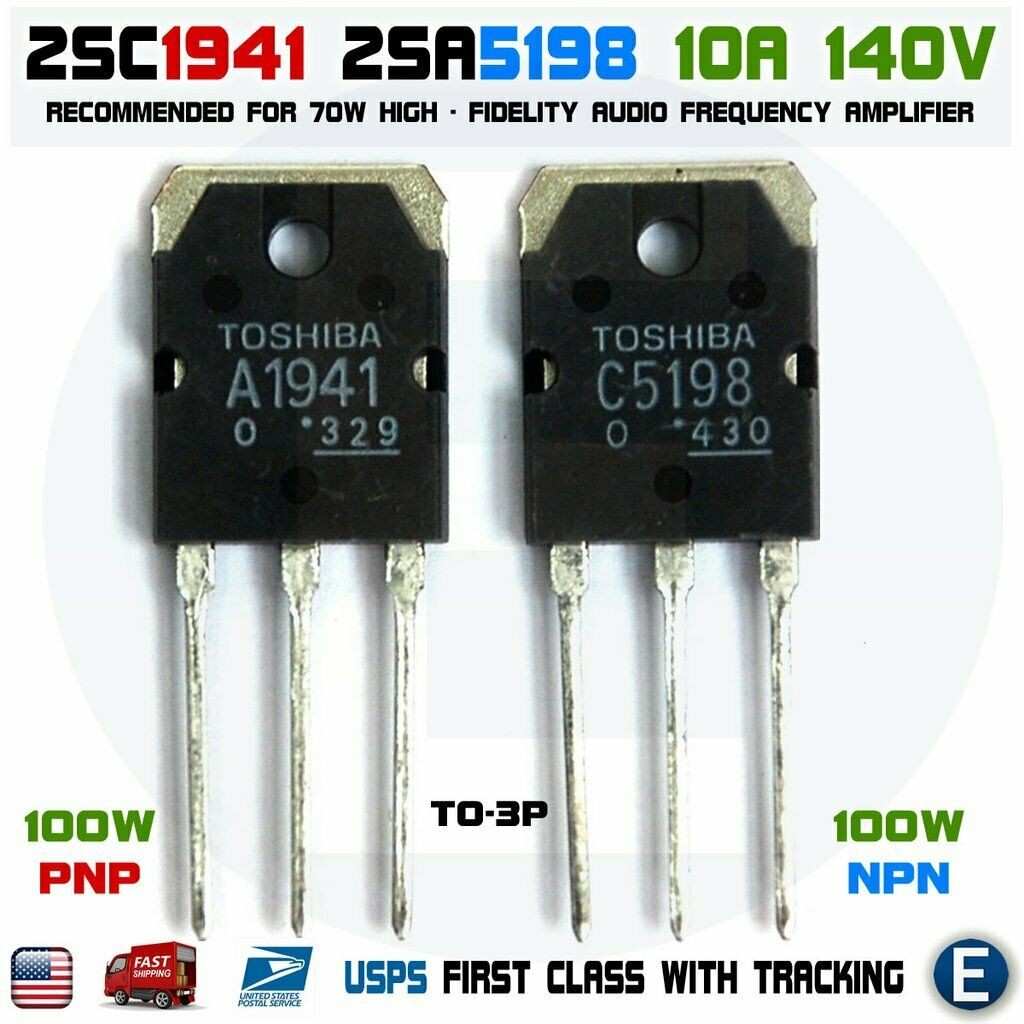 1pair 2SA1941 & 2SC5198 A1941+C5198 Toshiba Transistor PNP NPN 10A 140V 100w USA