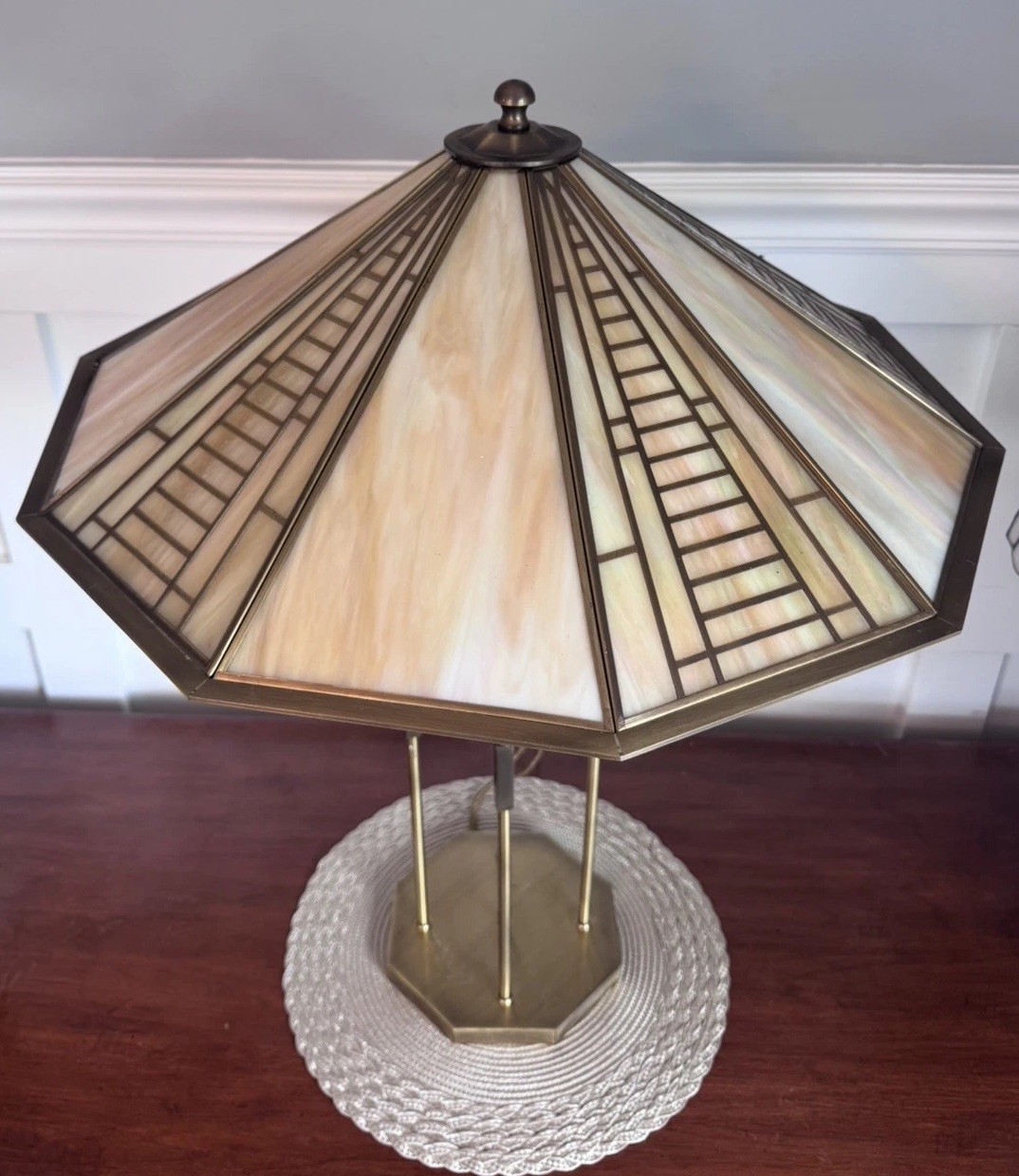 1992 F. Ramond Stained Glass Chandelier Signed – Frank Lloyd Wright Inspired 24”