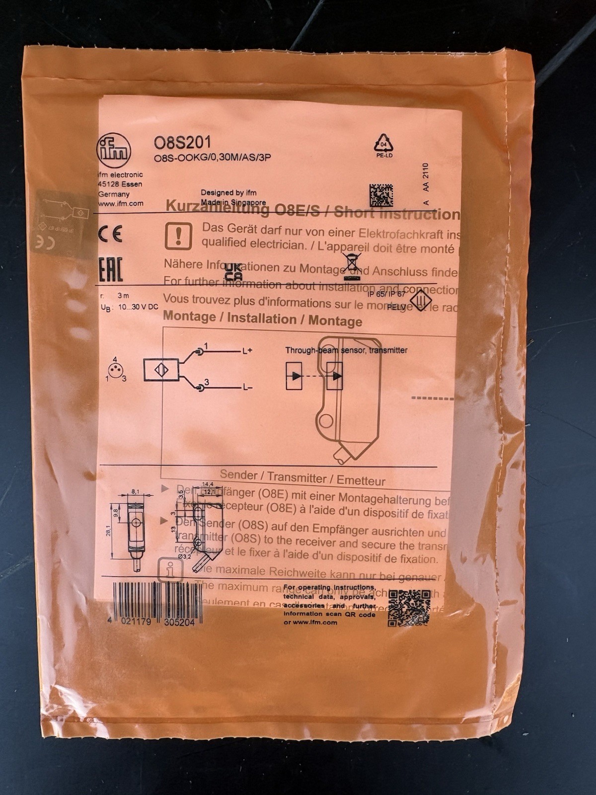 NEW IFM Efector O8S201 Through-Beam Sensor Transmitter O8S-OOKG/0,30M/AS/3P NEW IFM Efector O8S201 Through-Beam Sensor Transmitter O8S-OOKG/0,30M/AS/3P