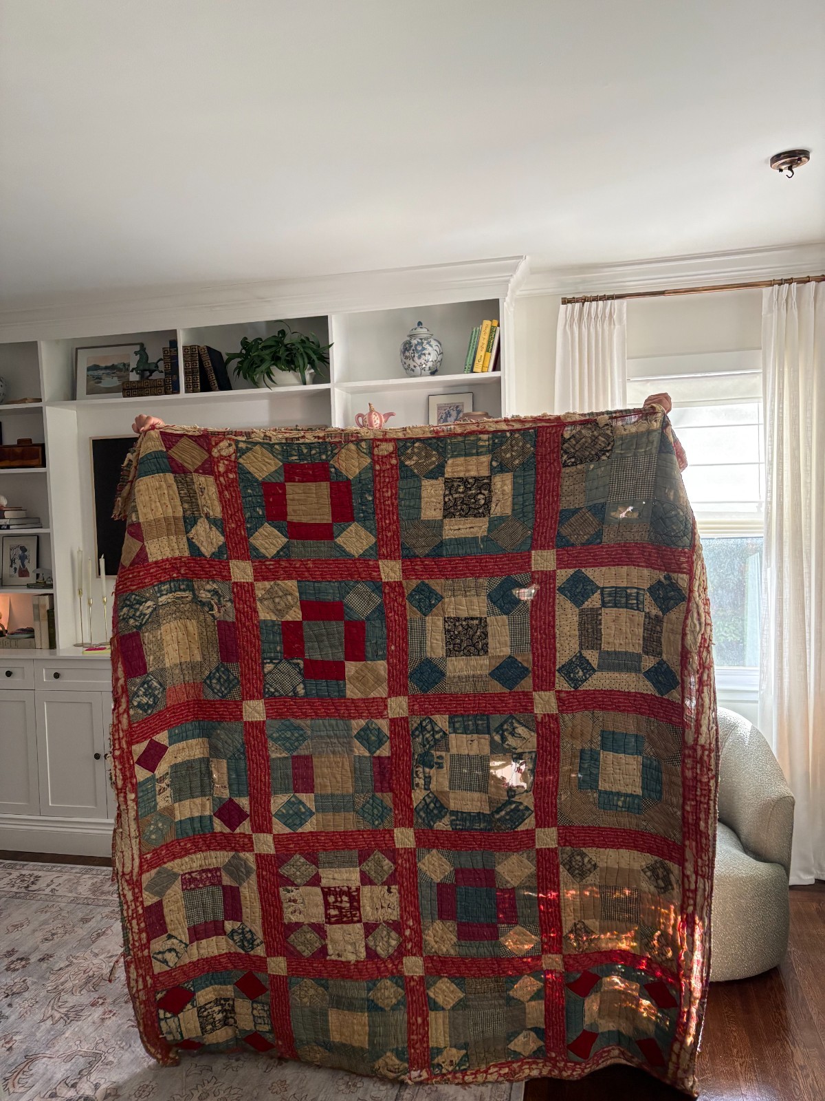 Antique Handmade Patchwork Quilt Red Calico Plaid Farmhouse Primitive Folk Art