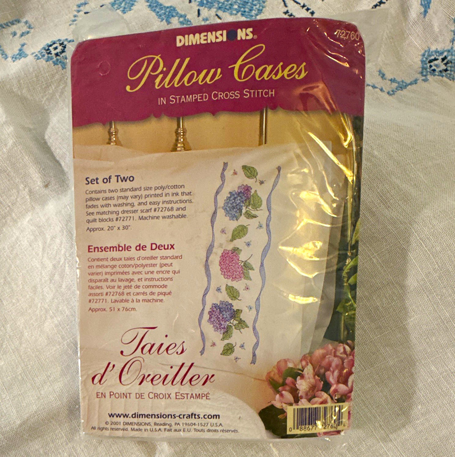 Vintage 2001 Dimensions 72760 Hydrangea Stamped Cross Stitch Pillowcases Set 2 Vintage 2001 Dimensions 72760 Hydrangea Stamped Cross Stitch Pillowcases Set 2