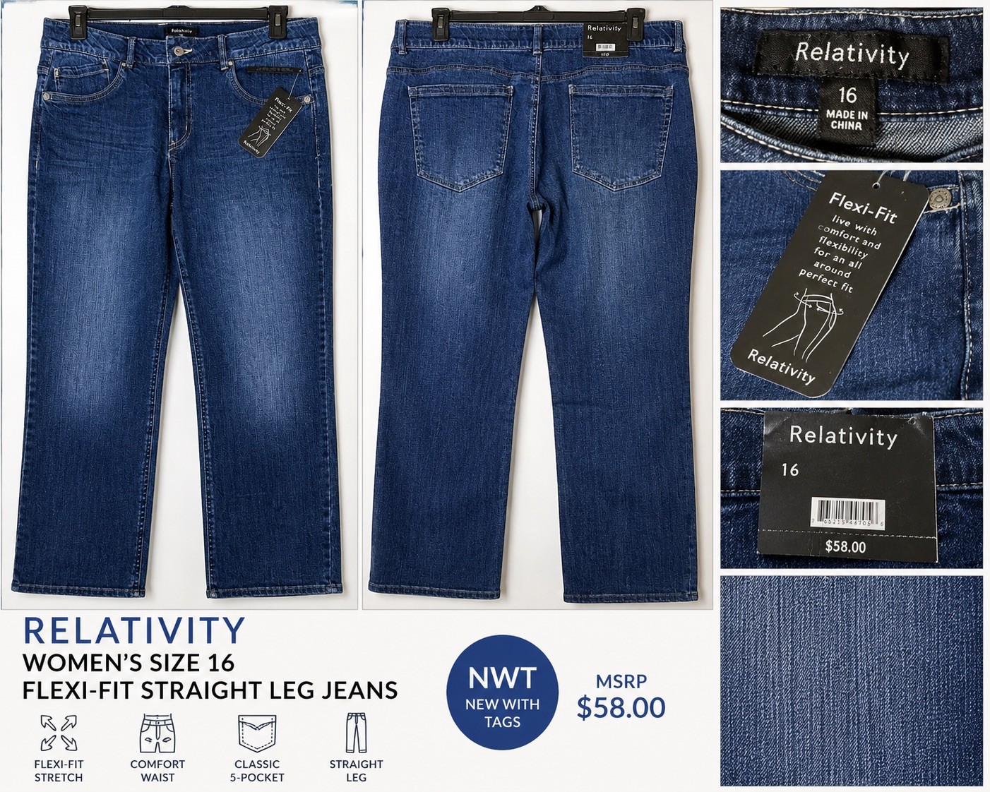 NWT Relativity Women’s Size 16 Flex-Fit Straight Crop Cuffed Stretch Jeans Blue
