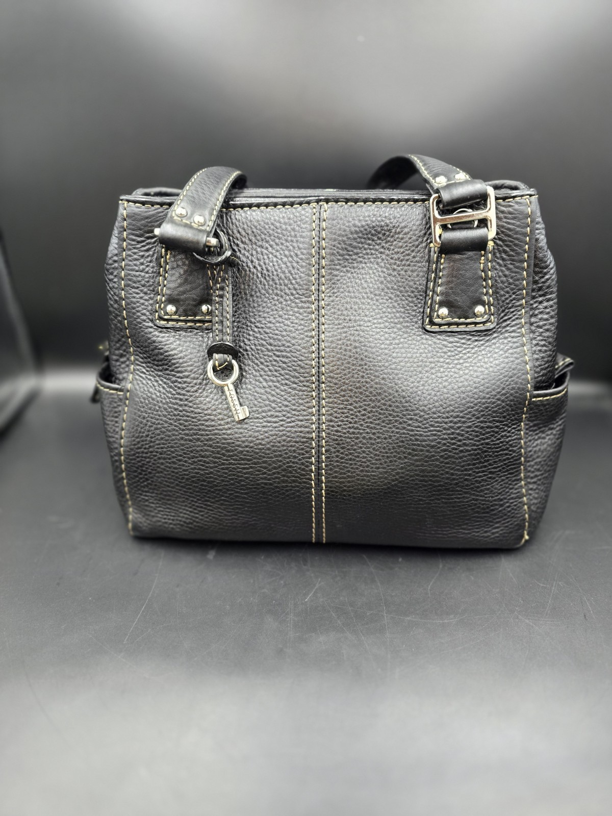 Vtg Fossil Blackburn Pebbled Leather Satchel Shoulder Bag Black Two Handle Purse Vtg Fossil Blackburn Pebbled Leather Satchel Shoulder Bag Black Two Handle Purse