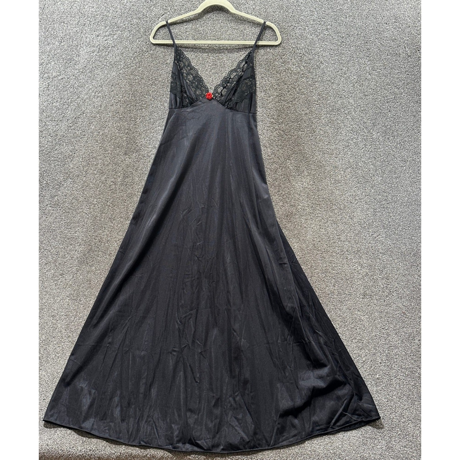 VTG Petra Fashions Black Lace Maxi Nightgown Small Rose Detail USA Made Romantic