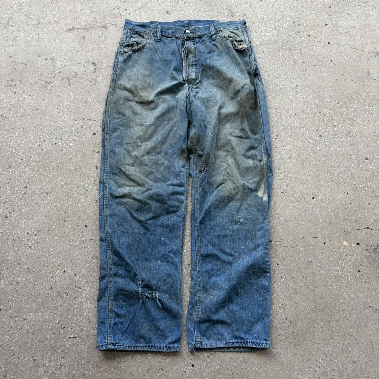 Vintage 70s Blue Carpenter Workwear Distressed Jeans 33x30 1970s True Vintage