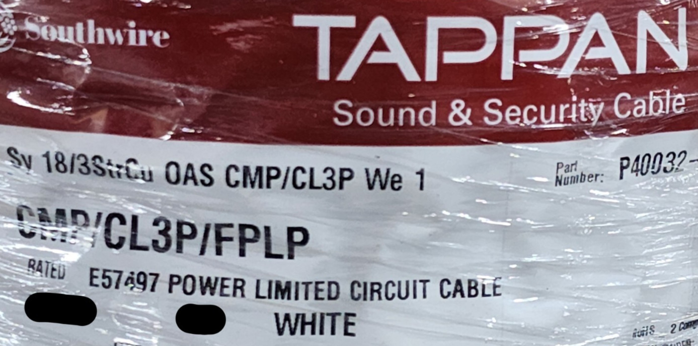 Southwire/Tappan P40032 18/3C Shielded Communication/Alarm Cable CMP White/100ft