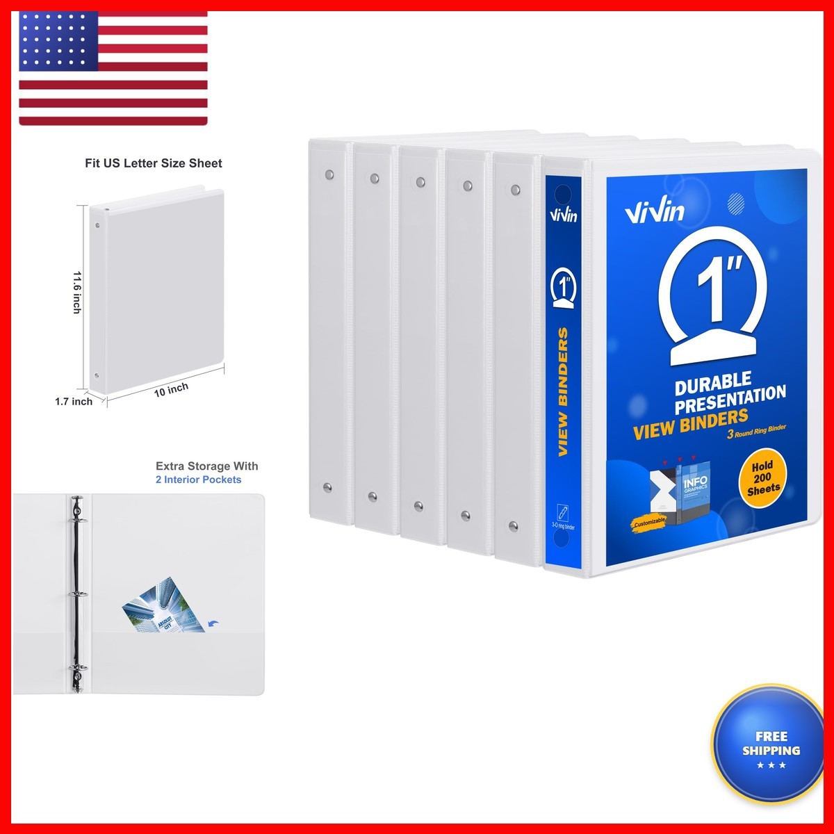 ViVin Sturdy 3 Ring Binder 1 Inch 2 Interior Pockets, 6 Pack, White WA-A2130-6WH