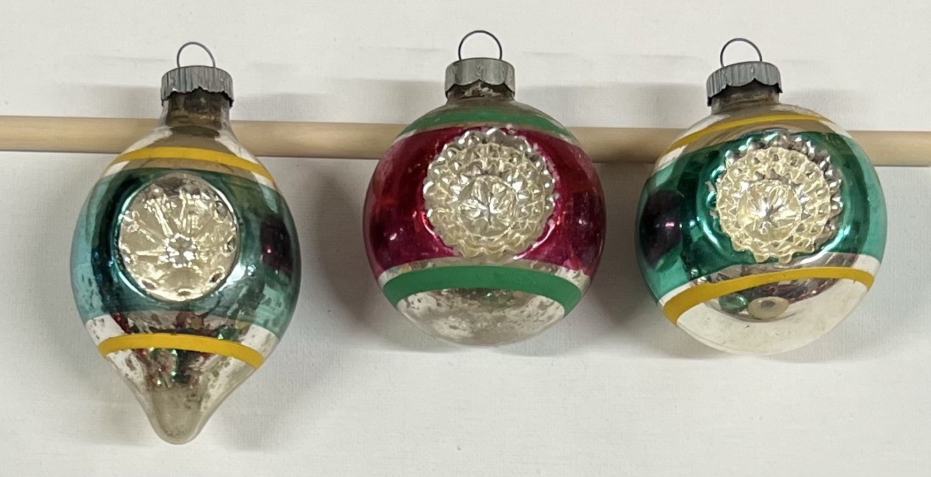 Vtg Shiny Brite Double Indent Reflector Christmas Ornaments Mercury Glass 3pc