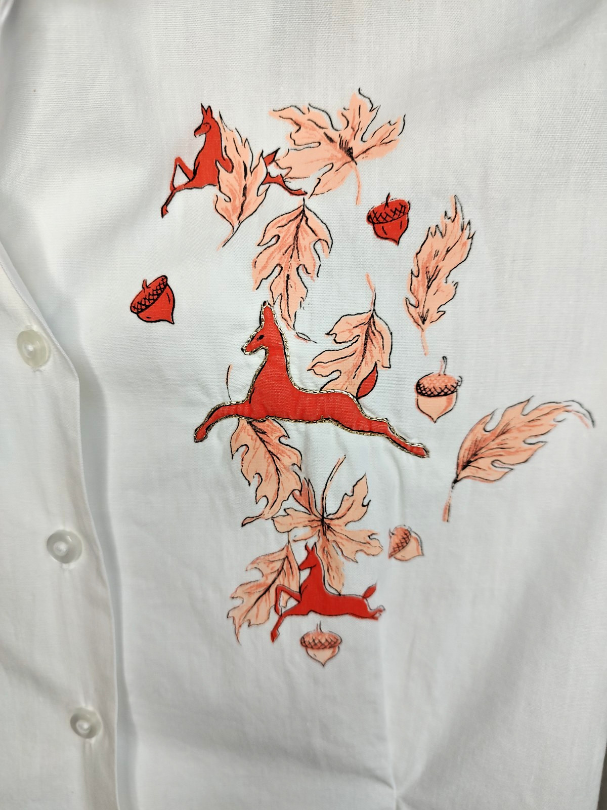Vtg 50s/60s Smart Lady  Loop Collar Shirt Top Womens Sz 34 Deer Applique/Leaves