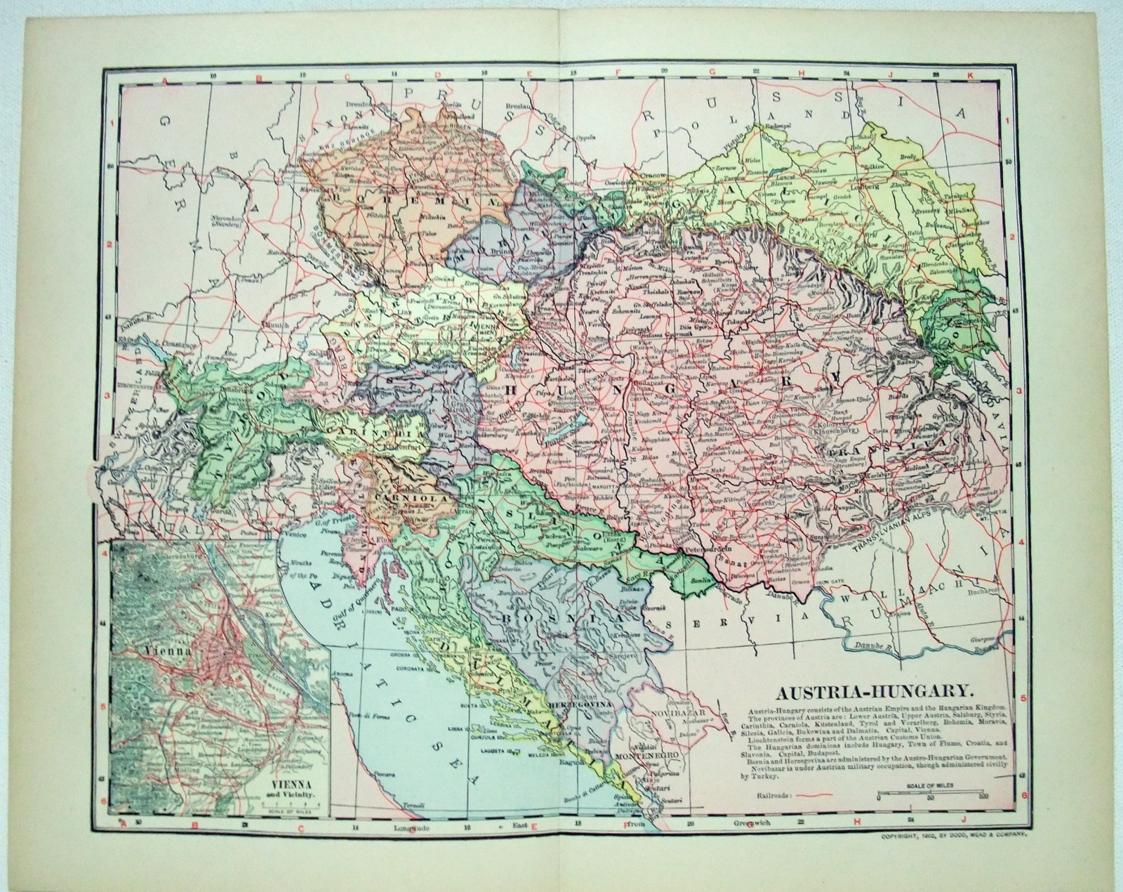 Austria Hungary  - Original 1902 Dated Map by Dodd Mead & Co. Antique