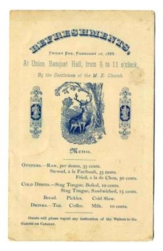 Union Banquet Hall Menu 1888 Stag Tongue Stewed Oysters Faribault Minnesota