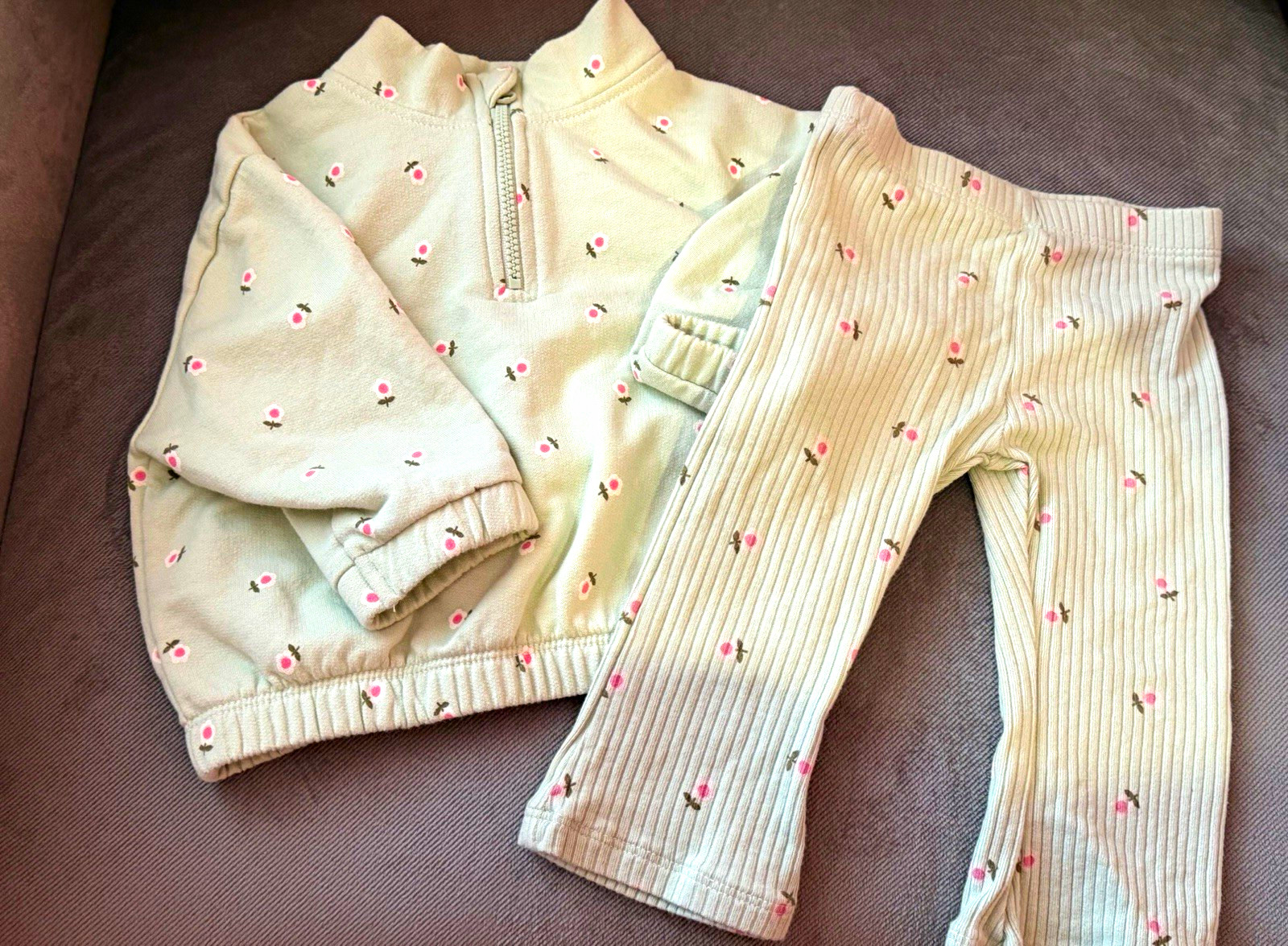 Cat & Jack Girls 6-9M 2pc Ribbed Floral Quarter Zip Sweatshirt & Pants Set