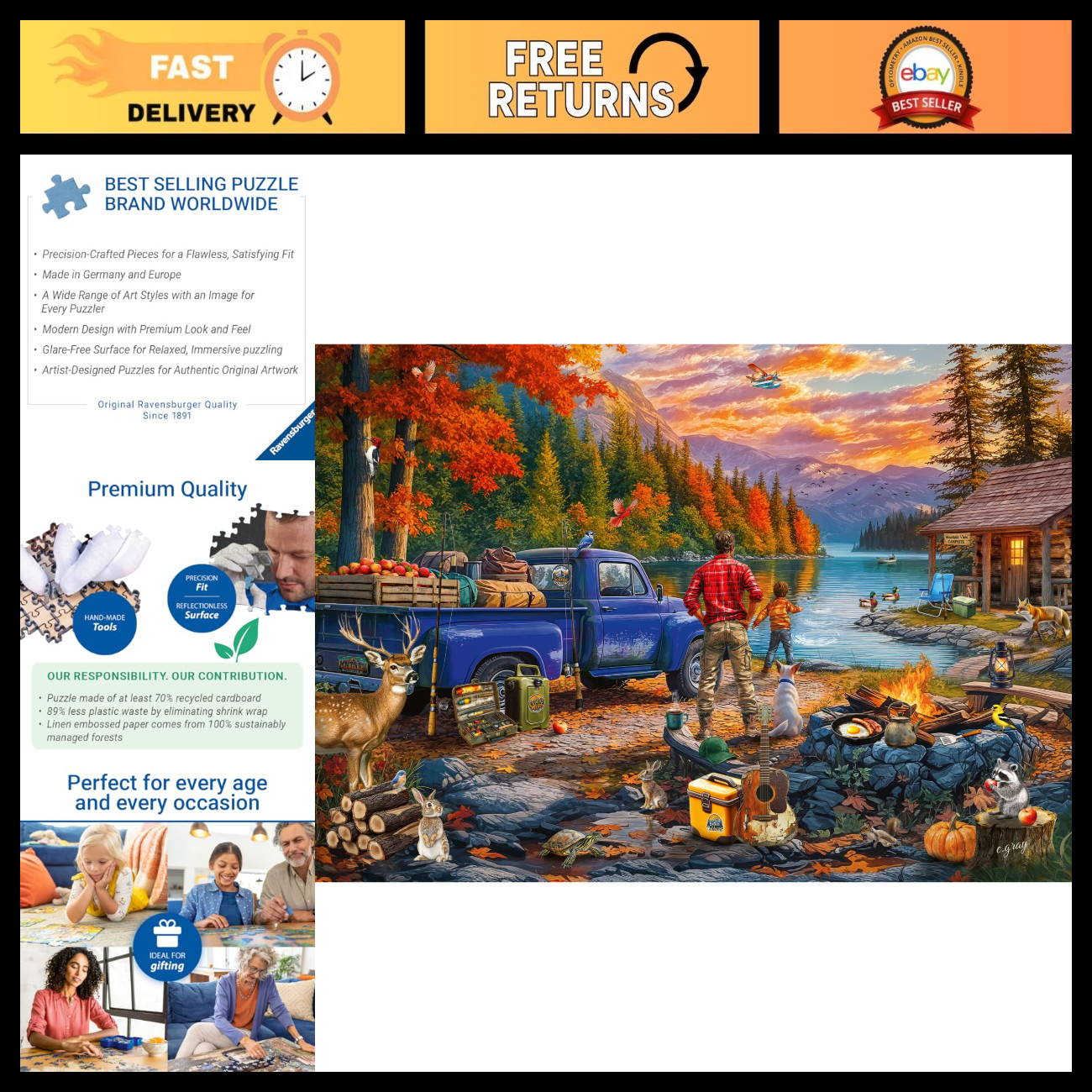 Large Format 300 Piece Puzzle - Sunset Lake Scene for Adults, Relaxing Fun Activ