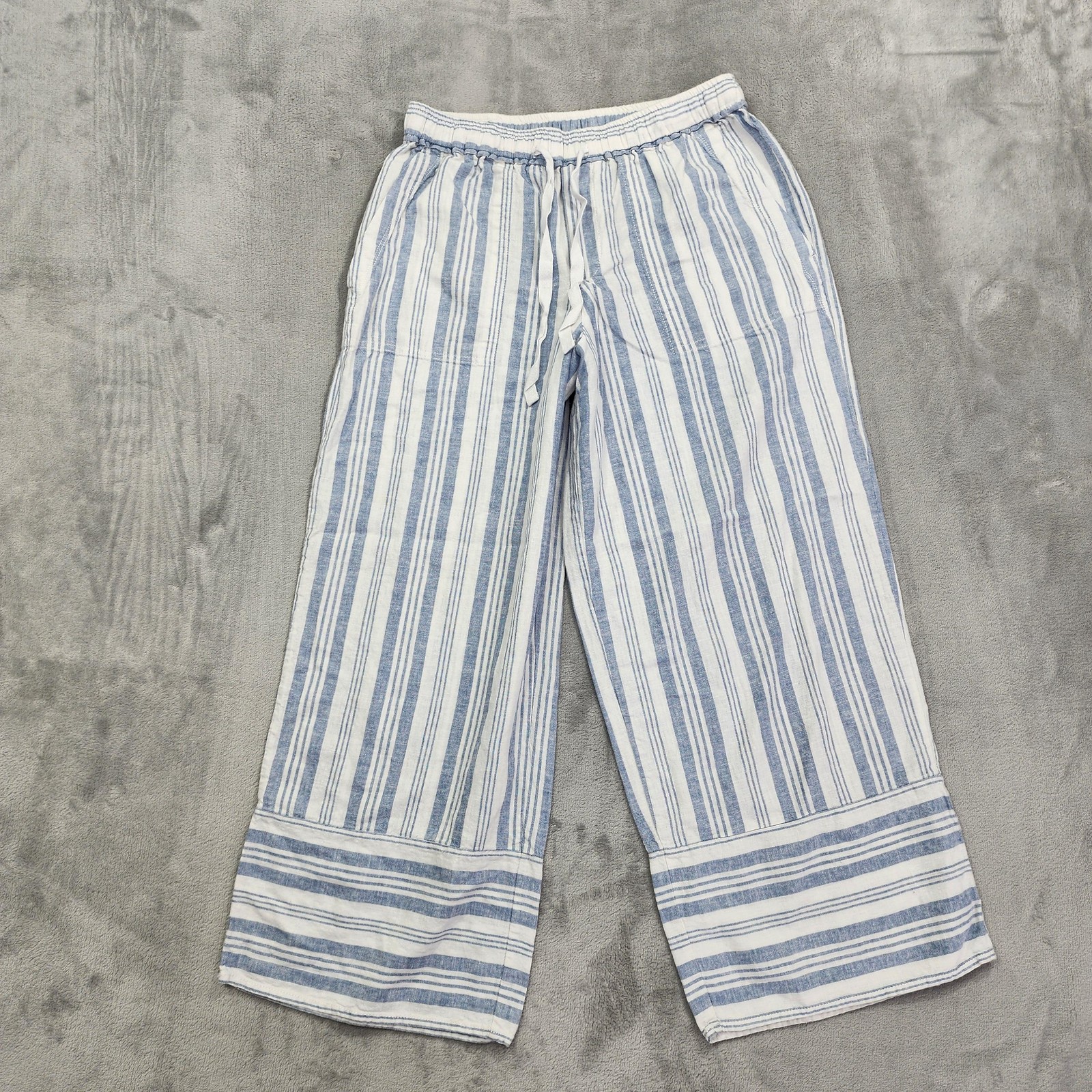 Casa Cabana Pants Womens XS Blue White Striped Crop Wide Leg Linen Blend Casual