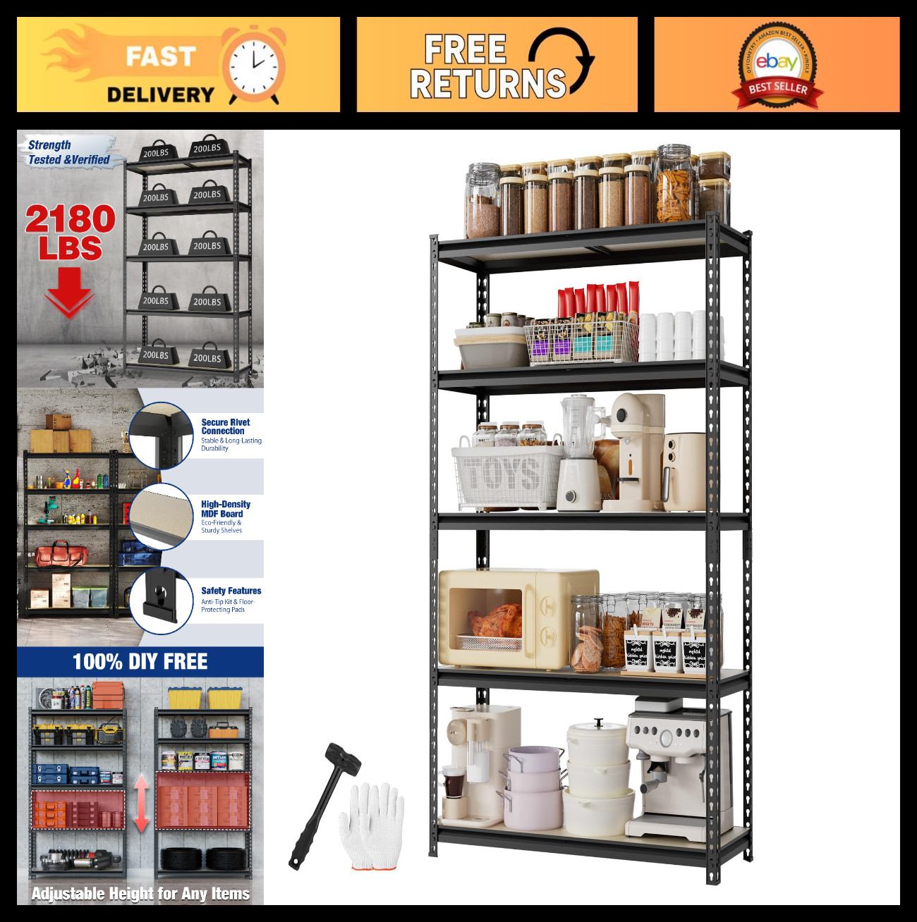 Heavy Duty 5-Tier Black Shelving Unit, 2180 lbs Capacity, 35.4”Wx11.8”Dx72”H