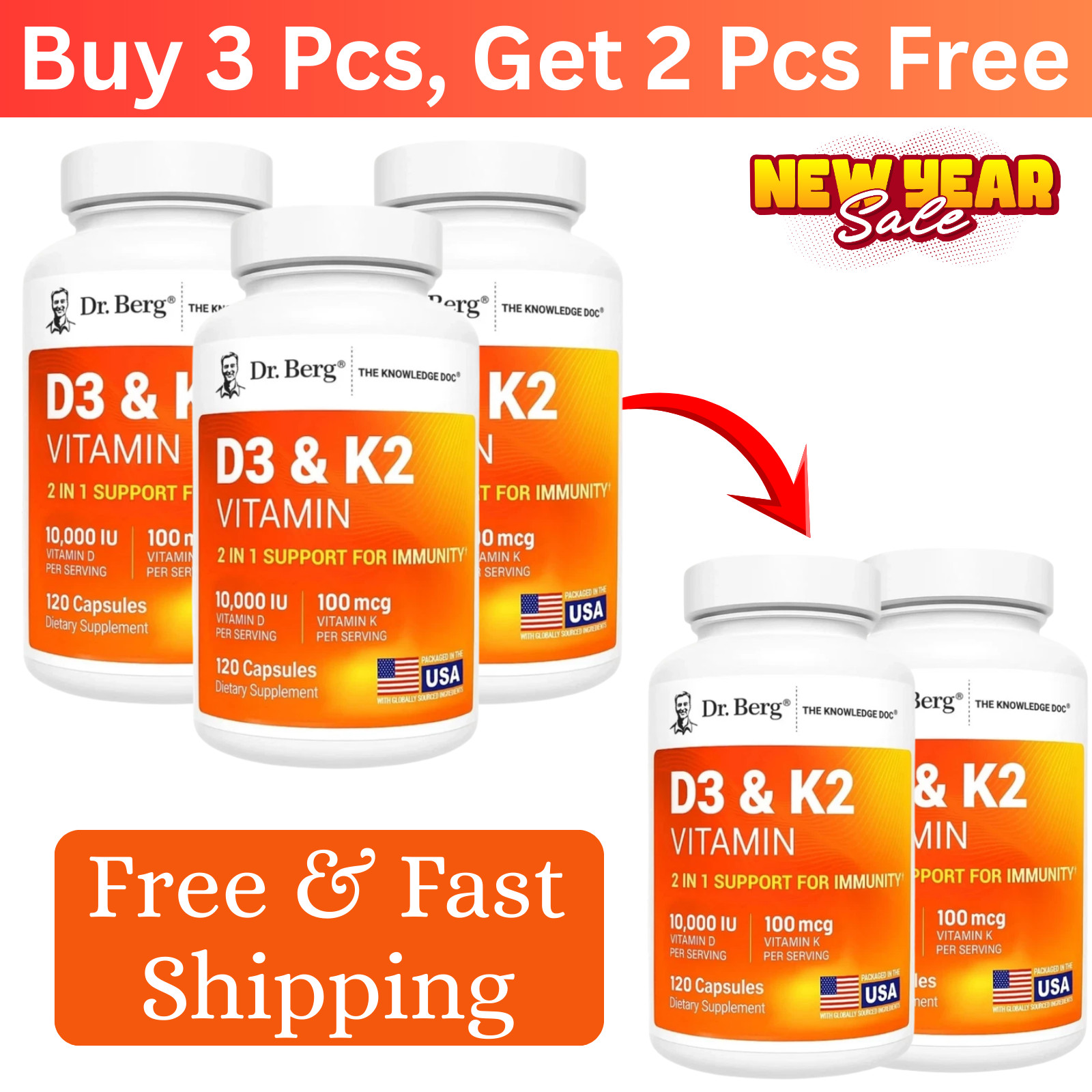 (5 Pack) Dr. Berg’s Nutritionals 100mg Vitamin D3 & K2 Supplement - 120 Capsules