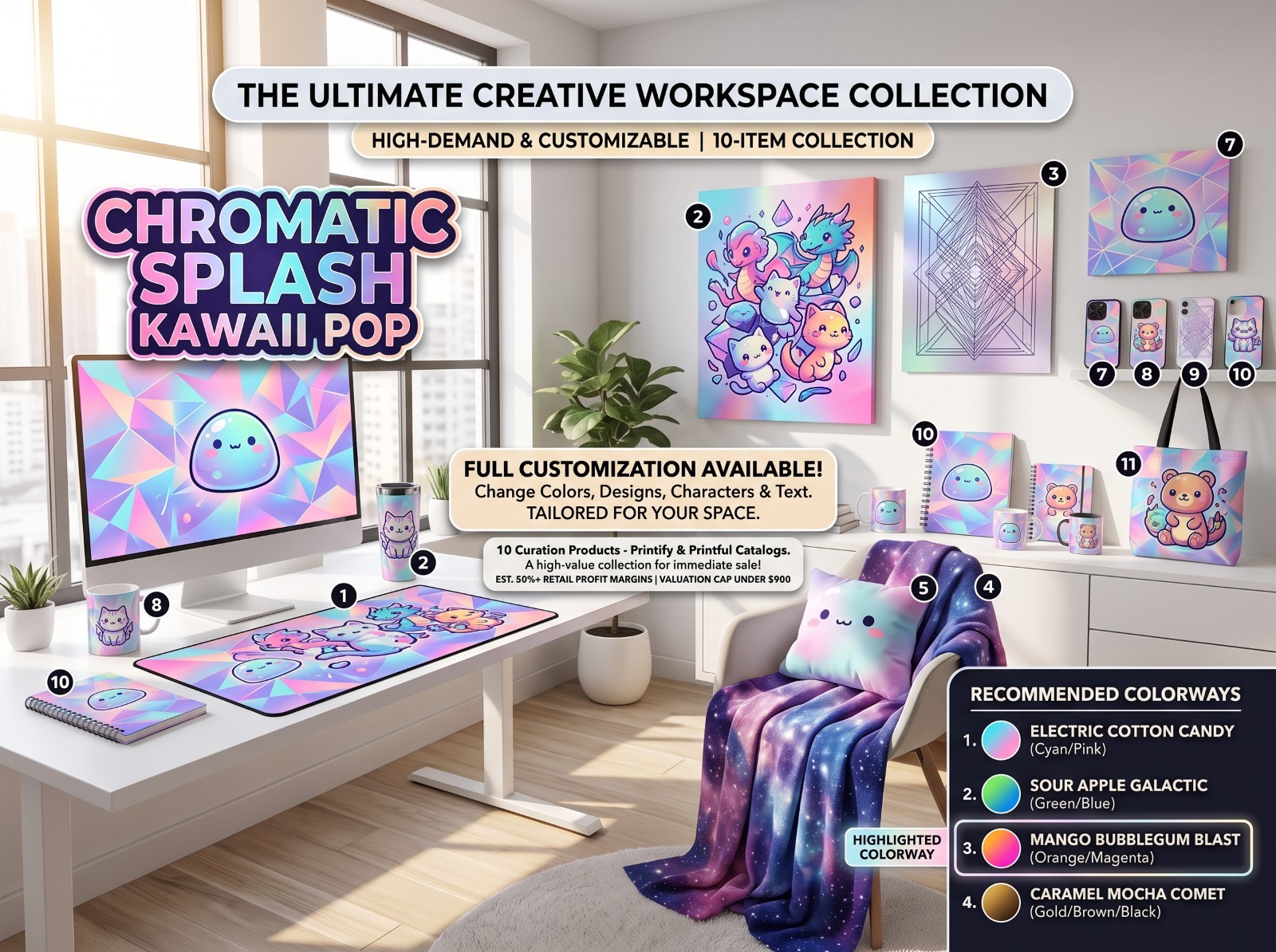 Chromatic Splash Kawaii Pop Custom Workspace Decor Set Desk Mat Art