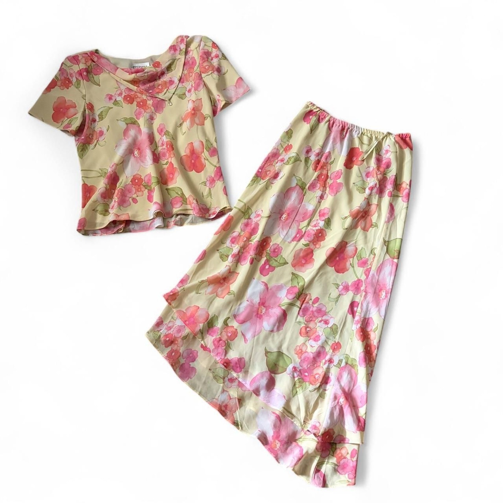 Vintage 90s Studio 1 Pink Green Floral Two Piece Skirt Set Size 10 Romantic Vintage 90s Studio 1 Pink Green Floral Two Piece Skirt Set Size 10 Romantic