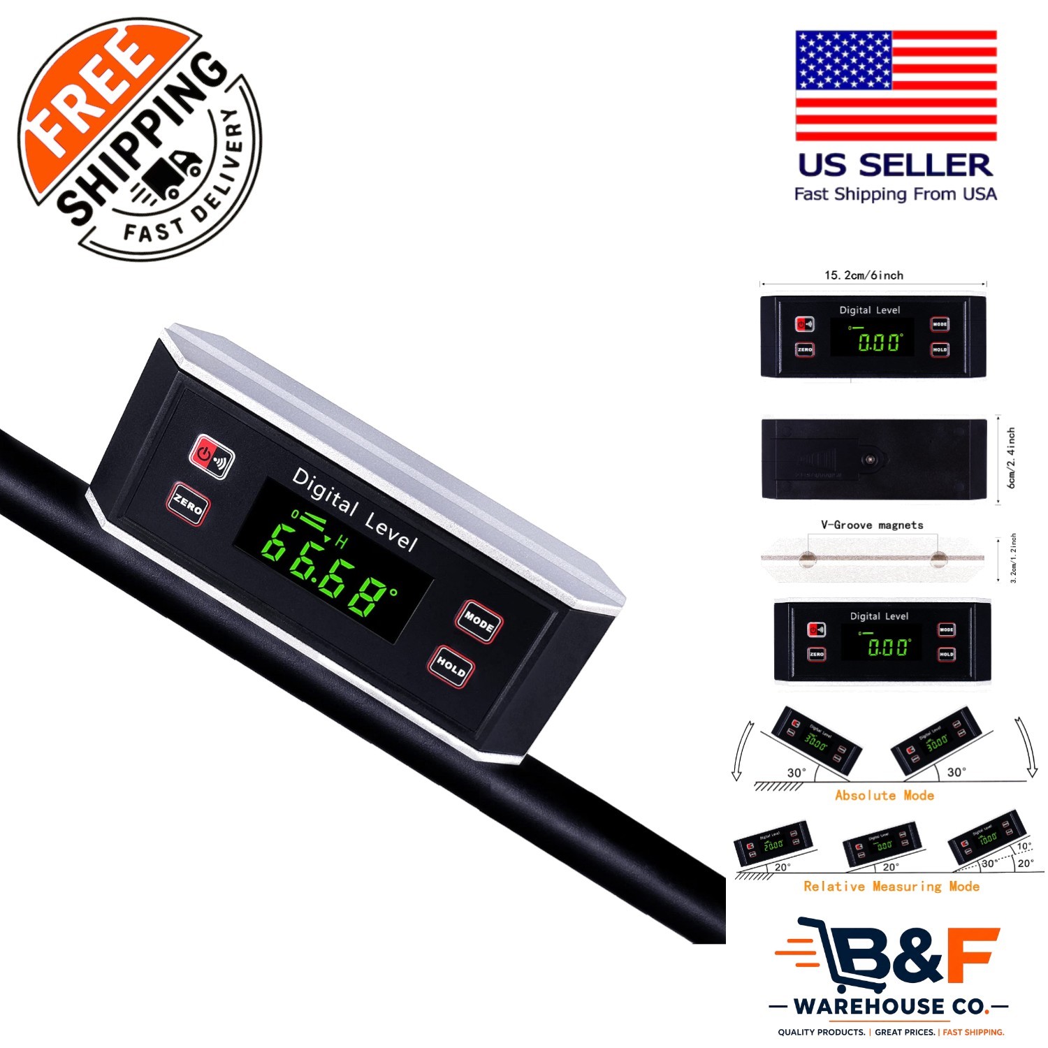 Dust & Waterproof Digital Protractor and Level Tool with Magnetic V-Groove Base