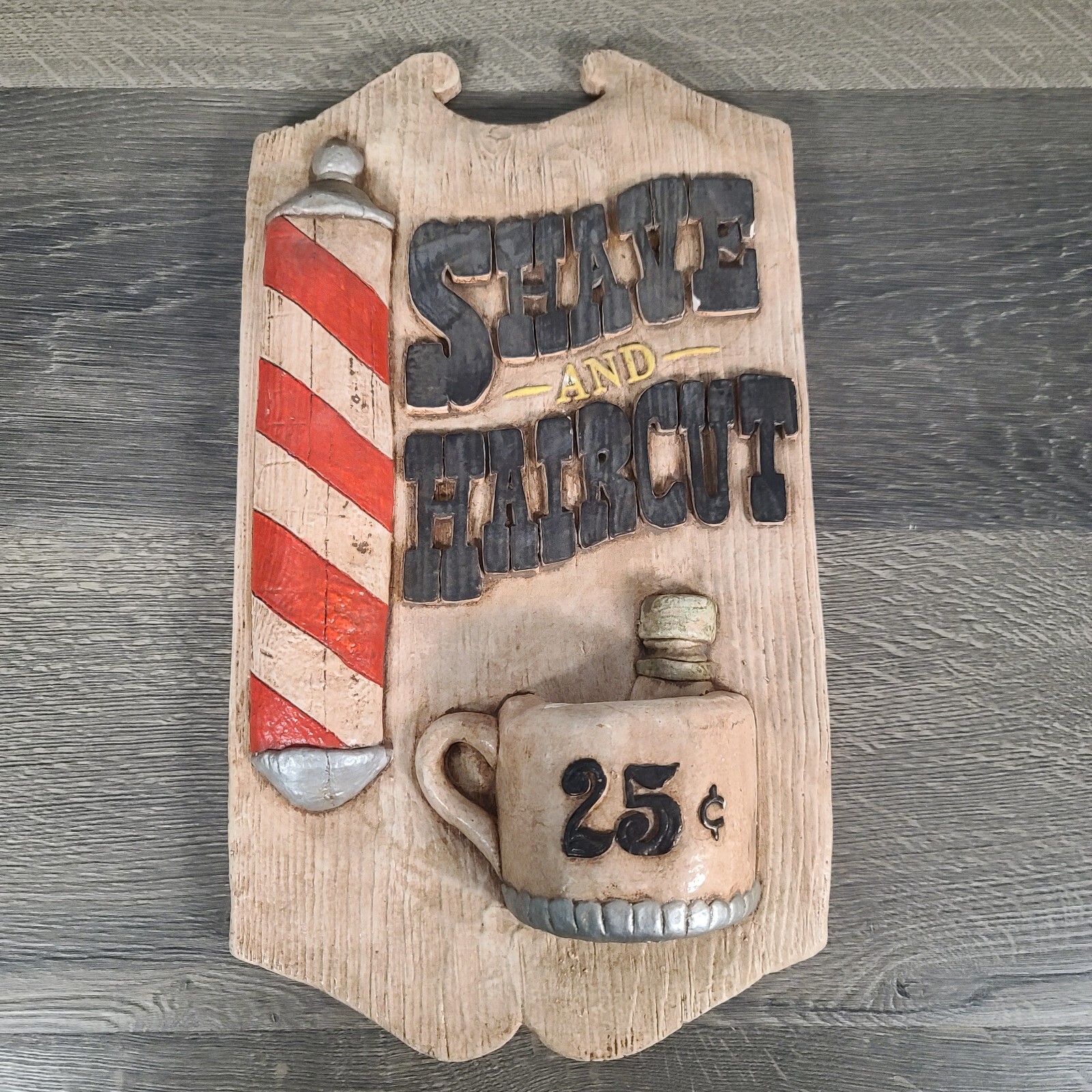 Vintage Shine and Haircut Barber Advertising 3D Chalkware Plaster Sign Vintage Shine and Haircut Barber Advertising 3D Chalkware Plaster Sign