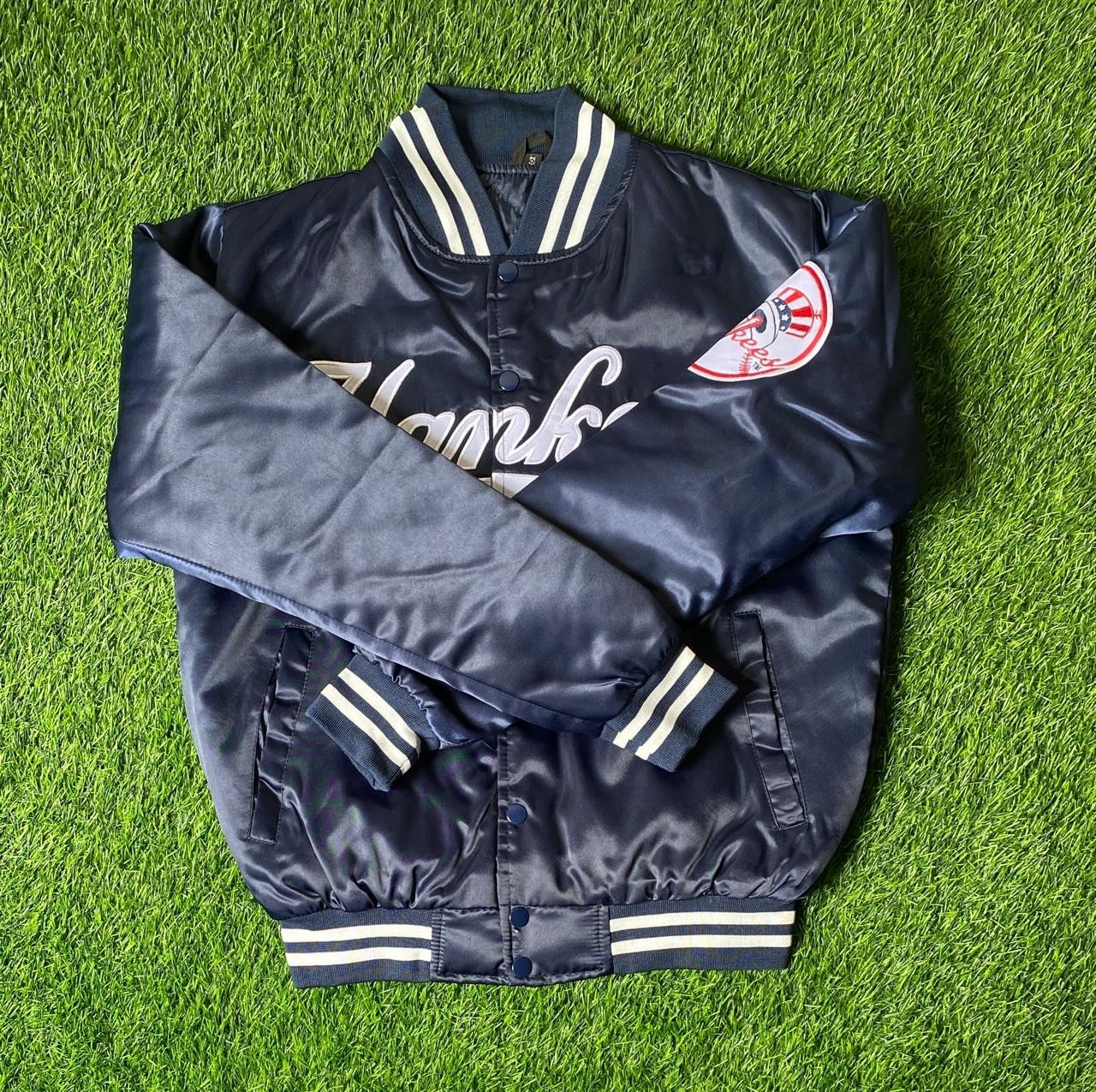 NY Yankees 90s Vintage Athletic Jacket Blue Satin Bomber Style Varsity Jacket