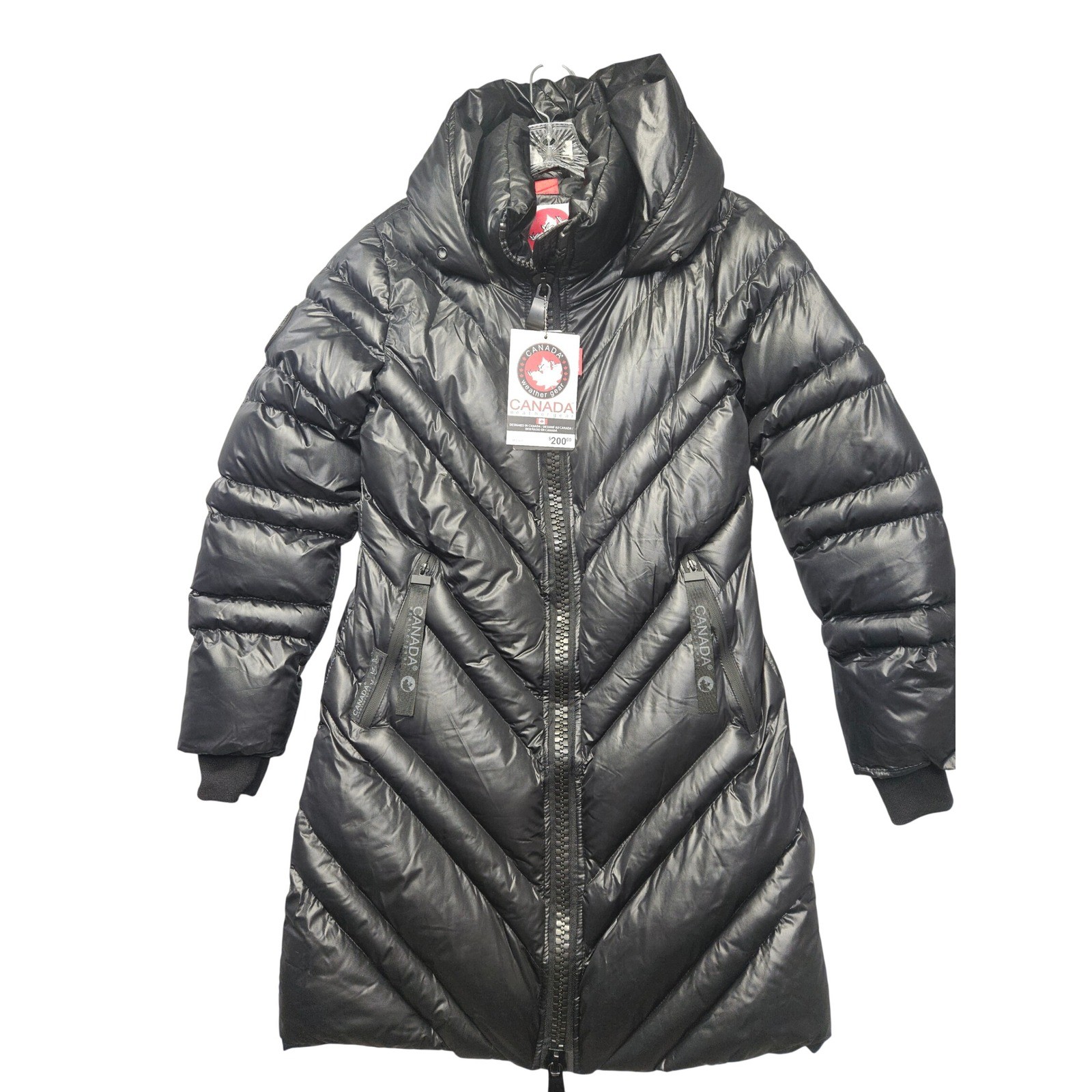 Canada Weathergear Womens Black Chevron Quilted Long Puffer Coat Parka Small NEW