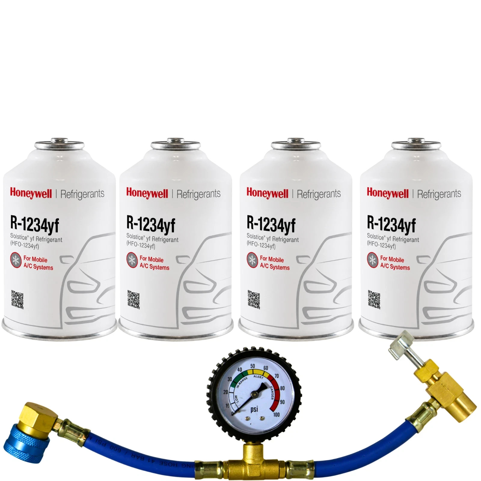 Honeywell R1234YF Refrigerant | Total Recharge Kit For Cars 2014+ | 4 Cans+Gauge