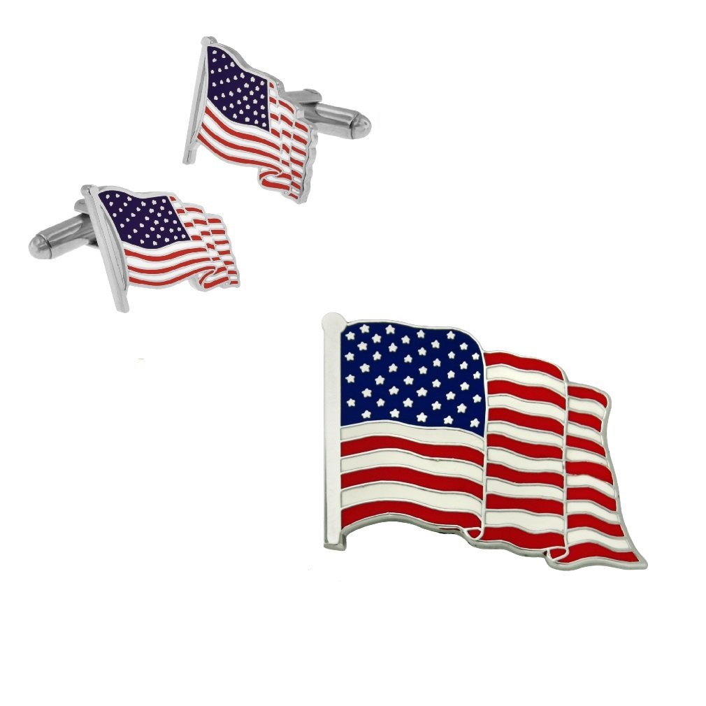 PinMart\'s Silver Made in the USA American 2 pc Bundle with Cufflink,