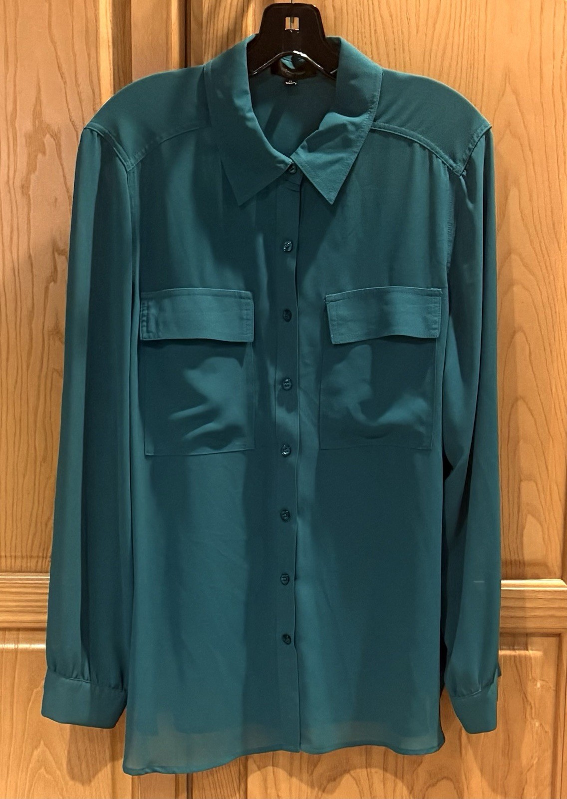 SPENSE Button Down Blouse Tunic Teal Blue Roll Tab Sleeves Semi-Sheer Size XL