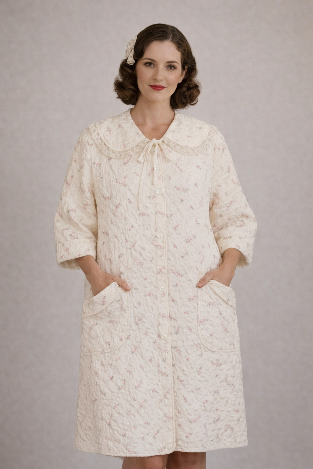 Streamline Garment Vintage 1930s 40s Quilted Floral Robe Lace Trim Size 14 