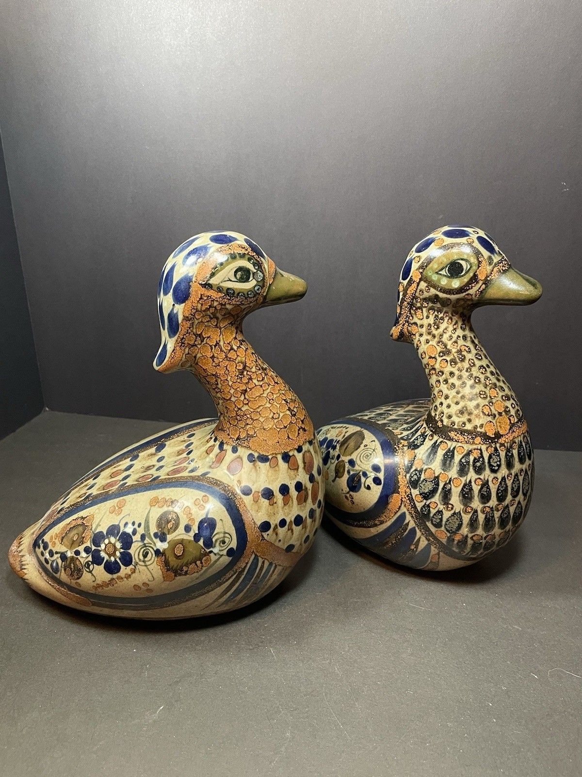 Vntg 1970’s Tonala Mexico Folk Art 8” Duck Figurines W/ Floral Design Set Of 2