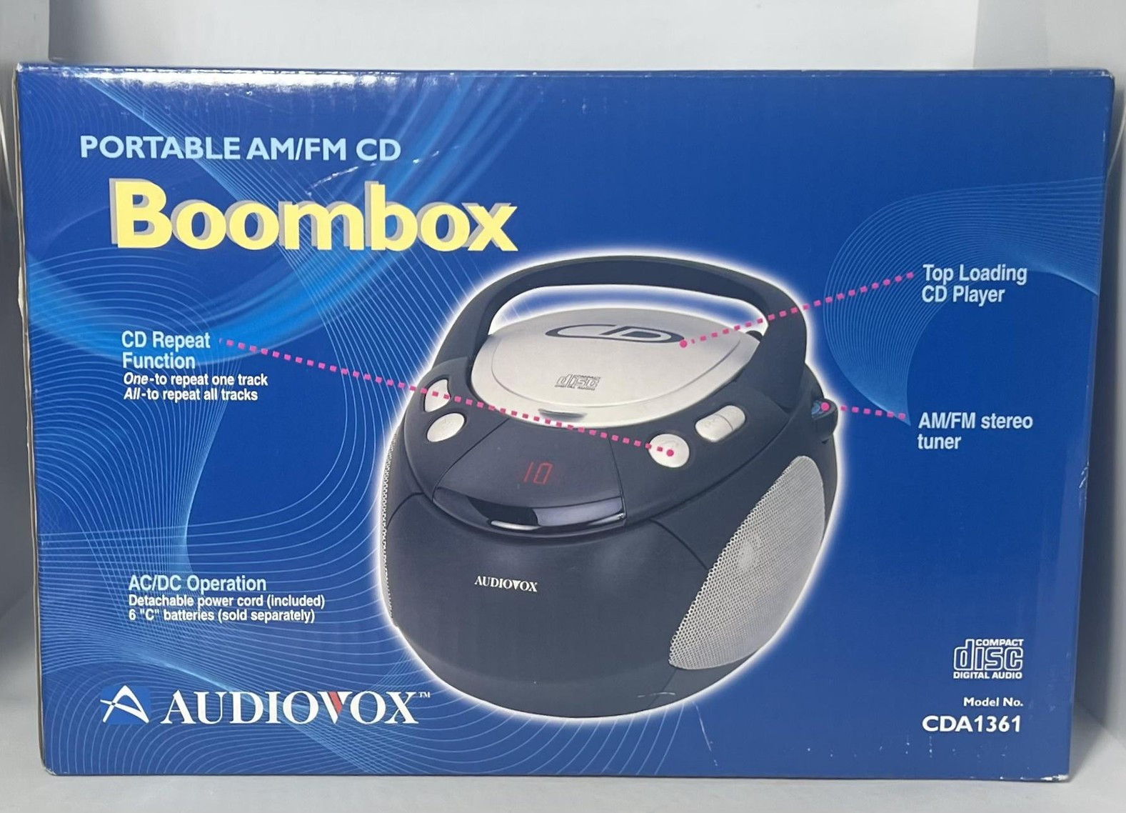 Vintage Audiovox CDA1361 Portable AM/FM CD Boombox Black New Sealed Box 2003 Vintage Audiovox CDA1361 Portable AM/FM CD Boombox Black New Sealed Box 2003