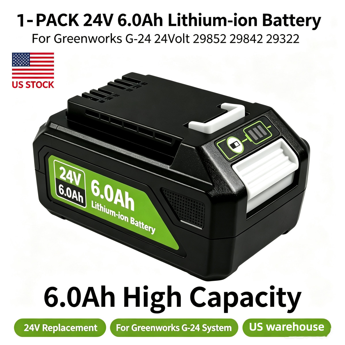 6.0Ah Battery For Greenworks 24V 23002 Drill 24012 Impact Driver 26012 Sander US