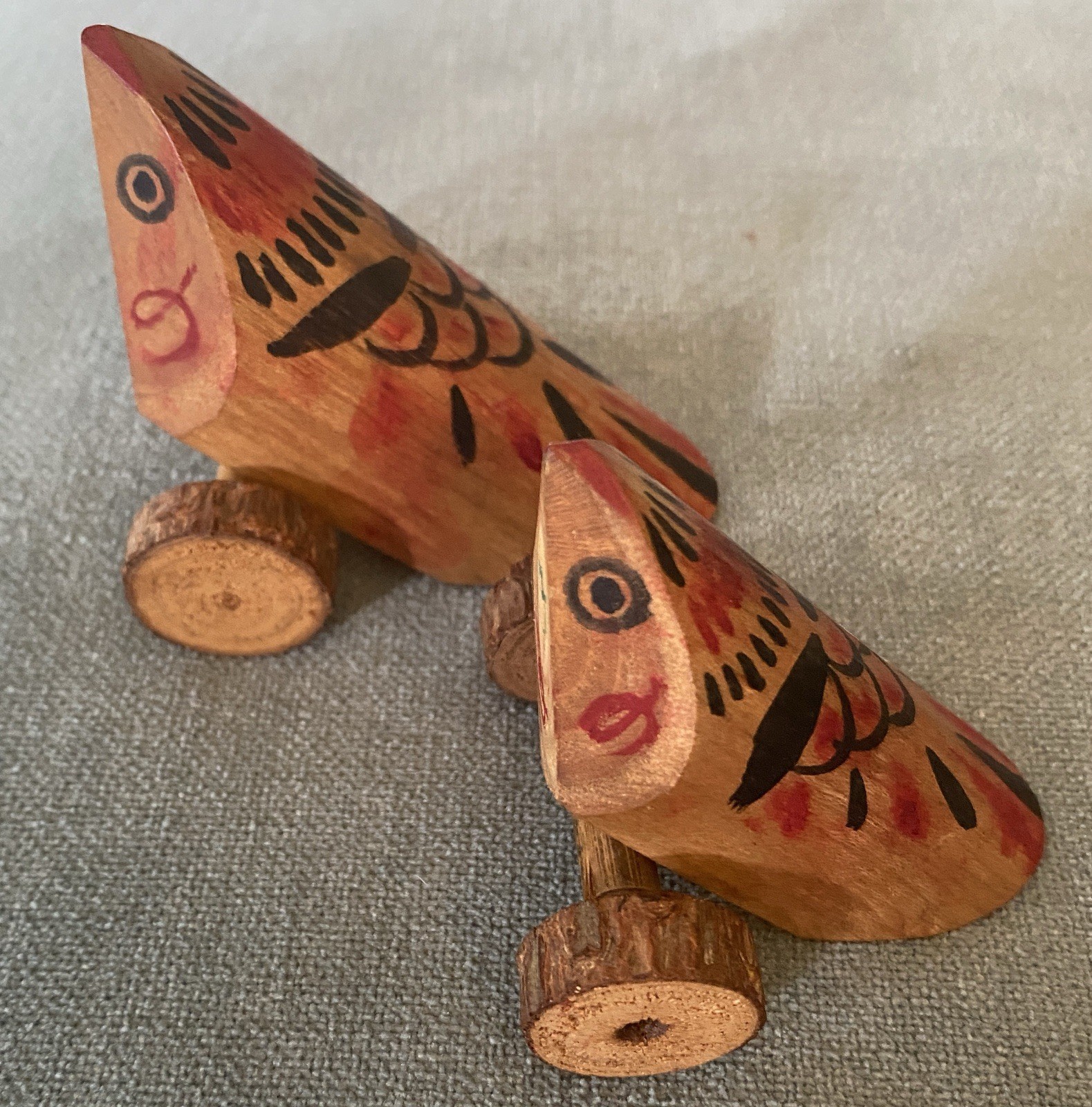 Vintage Japanese Uzuraguruma Pair Mitsuba Kogei Wheeled Quail Folk Art Toy Wood