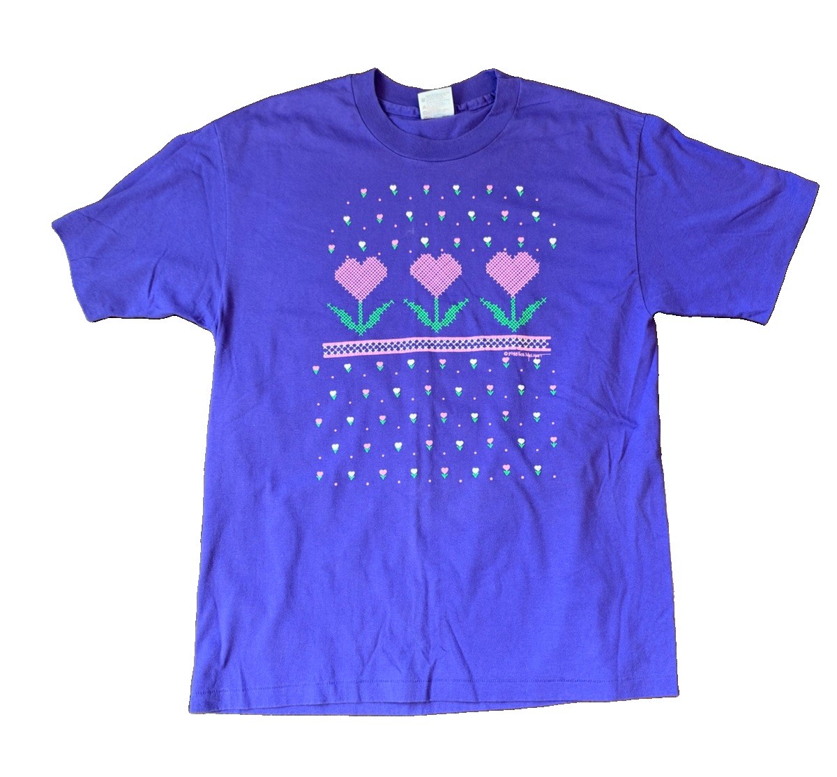 VTG 1988 Heart Flowers Cute Purple Graphic Tee T-Shirt L Large