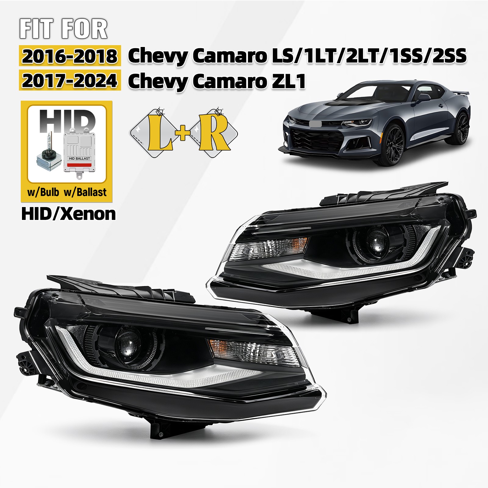 HID Headlight For 2016-2024 Chevy Camaro w/Bulb w/Ballast Left+Right Pair HID Headlight For 2016-2024 Chevy Camaro w/Bulb w/Ballast Left+Right Pair