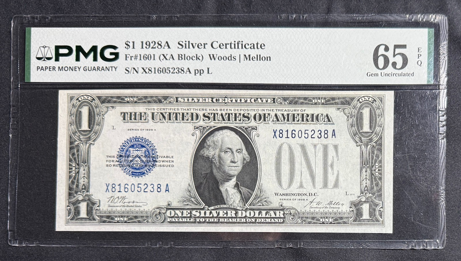 1928A $1 Silver Certificate Fr 1601 PMG 65 EPQ Gem UNC Funnyback Blue Seal
