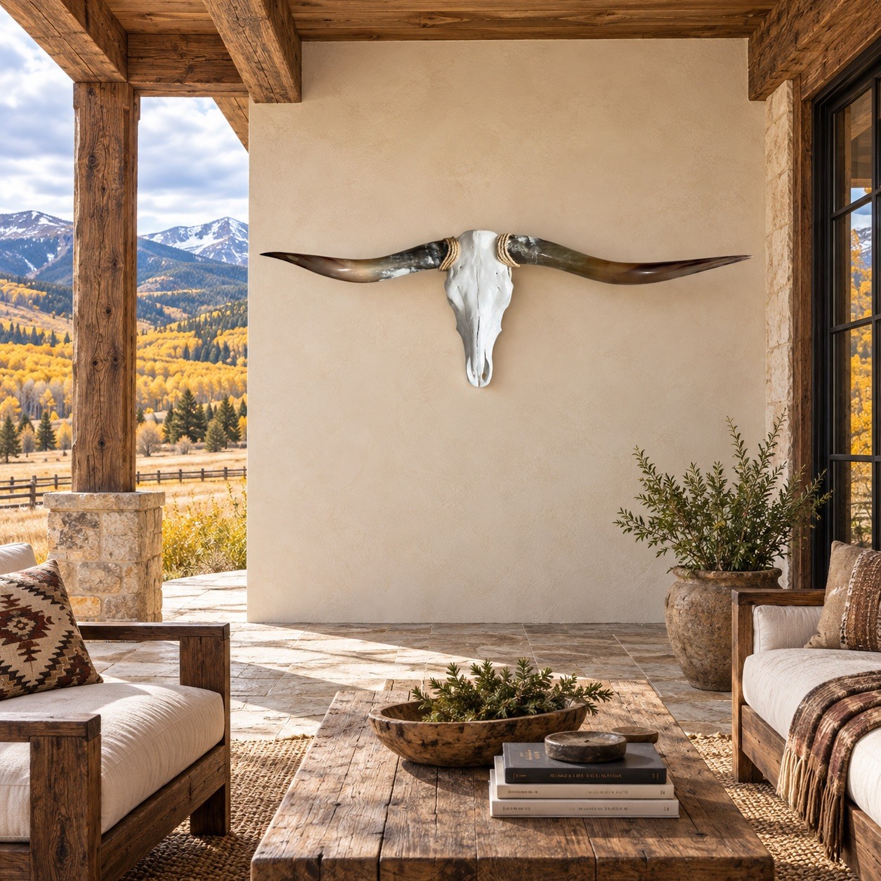 Genuine Longhorn Skull 50” Wide Brown Gray Horns Rustic Ranch Wall Decor
