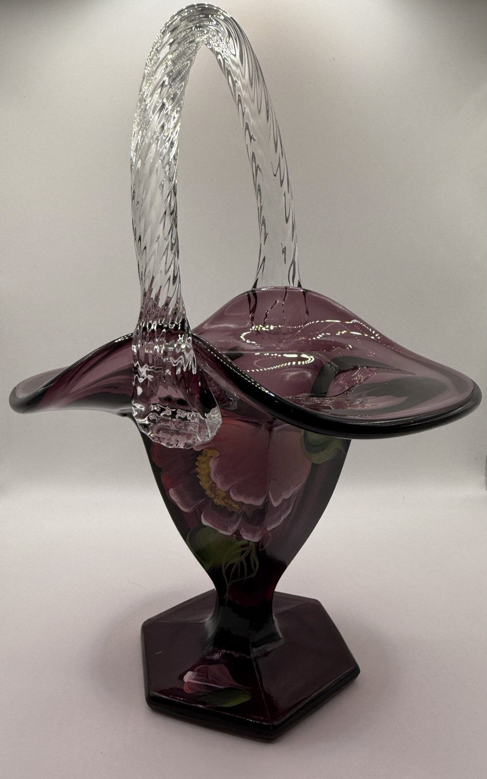 Fenton Glass Black Amethyst Hand Painted & Signed Paneled Basket Fenton Glass Black Amethyst Hand Painted & Signed Paneled Basket