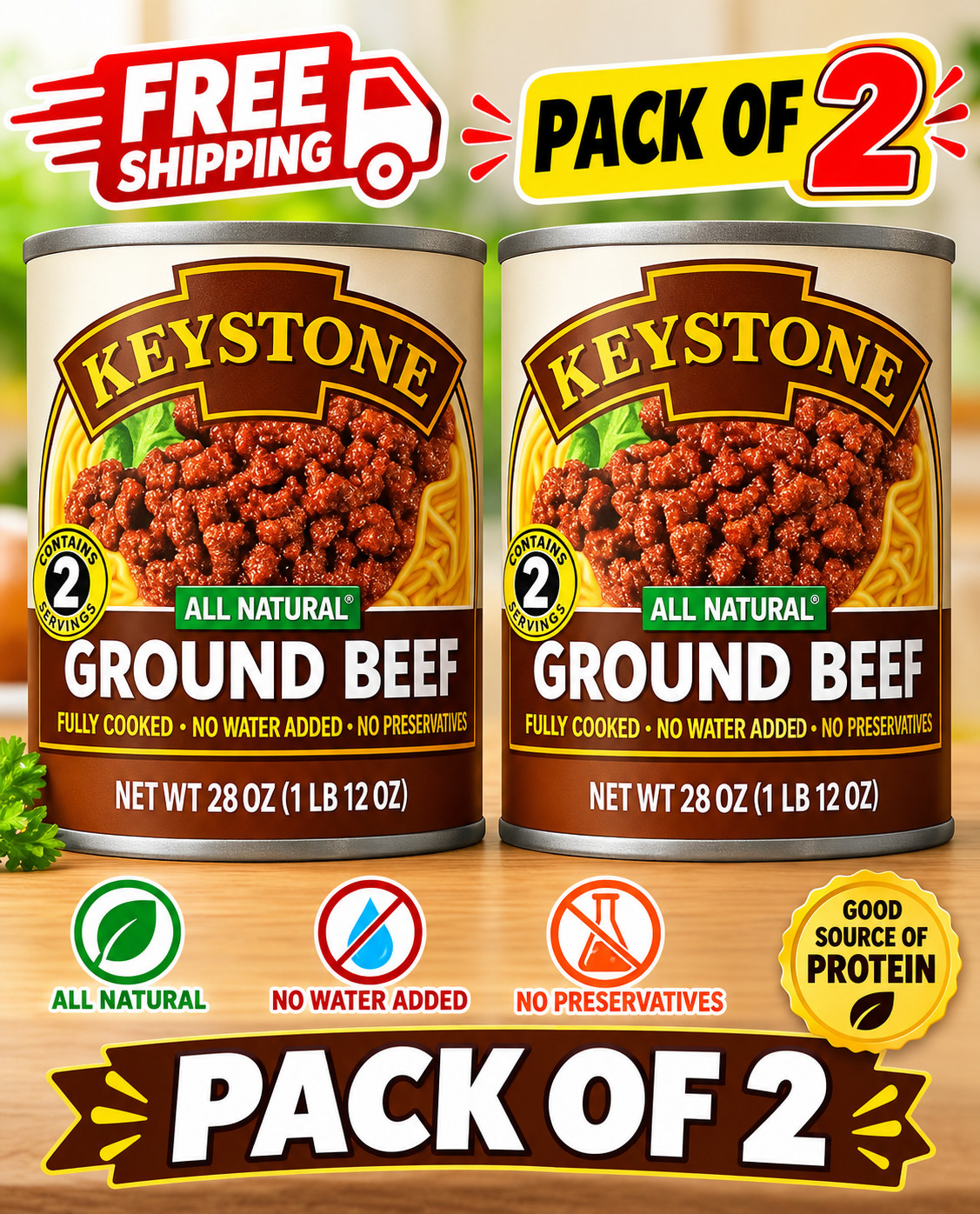 Keystone All Natural Ground Beef 28oz Can – 2 Pack Fully Cooked Premium Meat