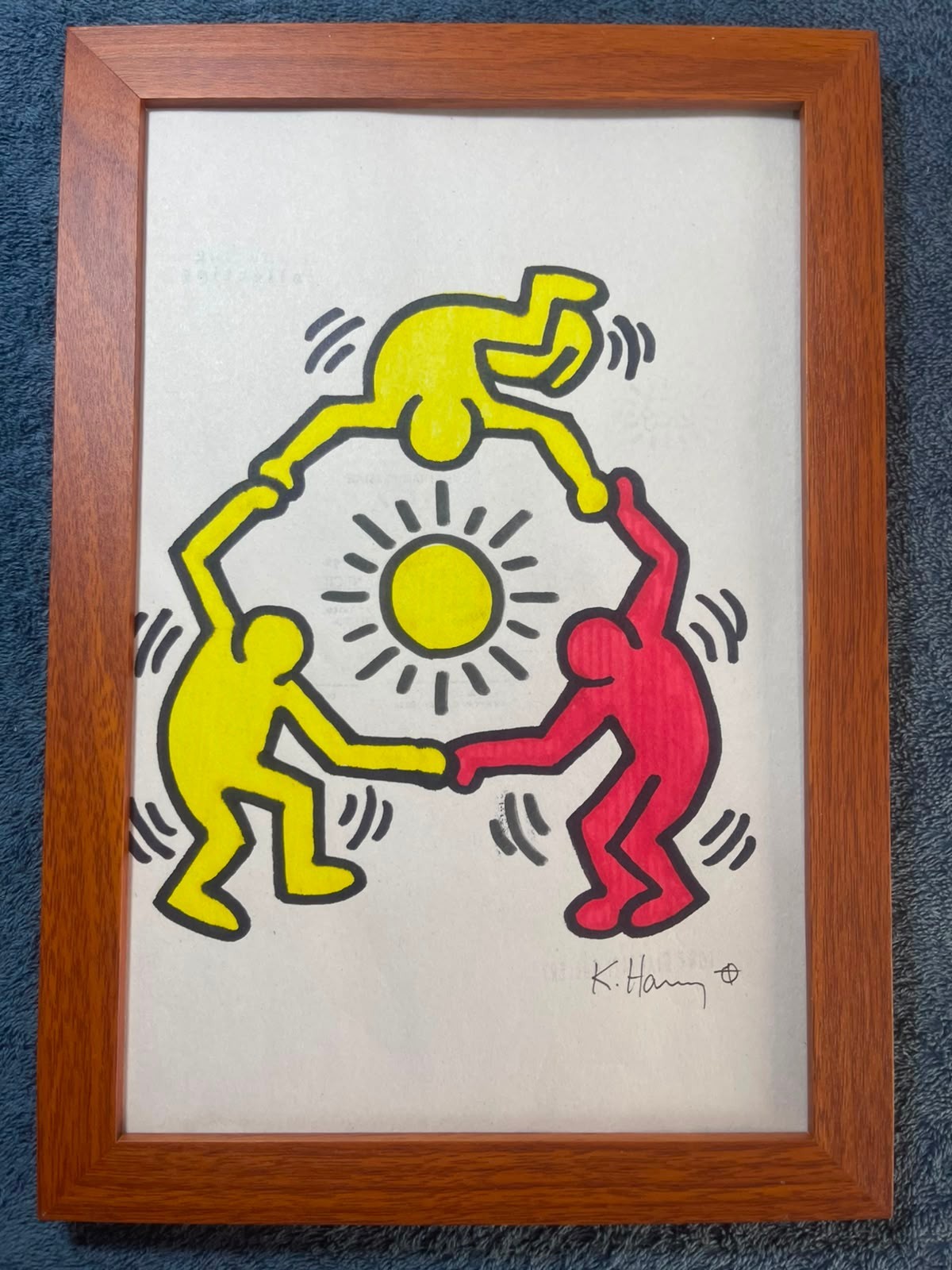 KEITH HARING DRAWING ON ANTIQUE PAPER, FRAMED ON WOOD, SIGNED AND SEALED KEITH HARING DRAWING ON ANTIQUE PAPER, FRAMED ON WOOD, SIGNED AND SEALED