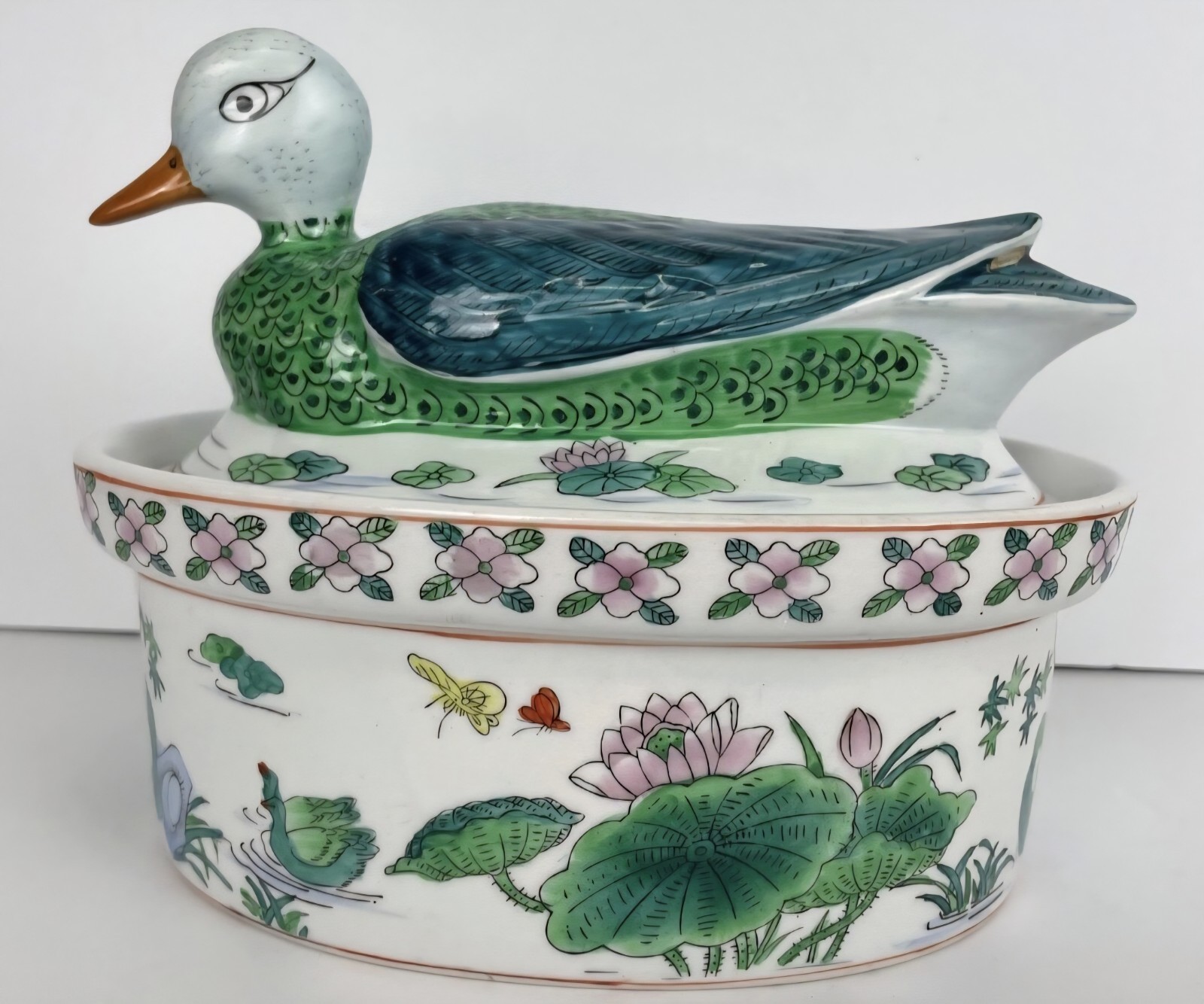 Vtg Hand Painted Porcelain Chinese Tureen / Baking Dish Teal Pink Green Duck 