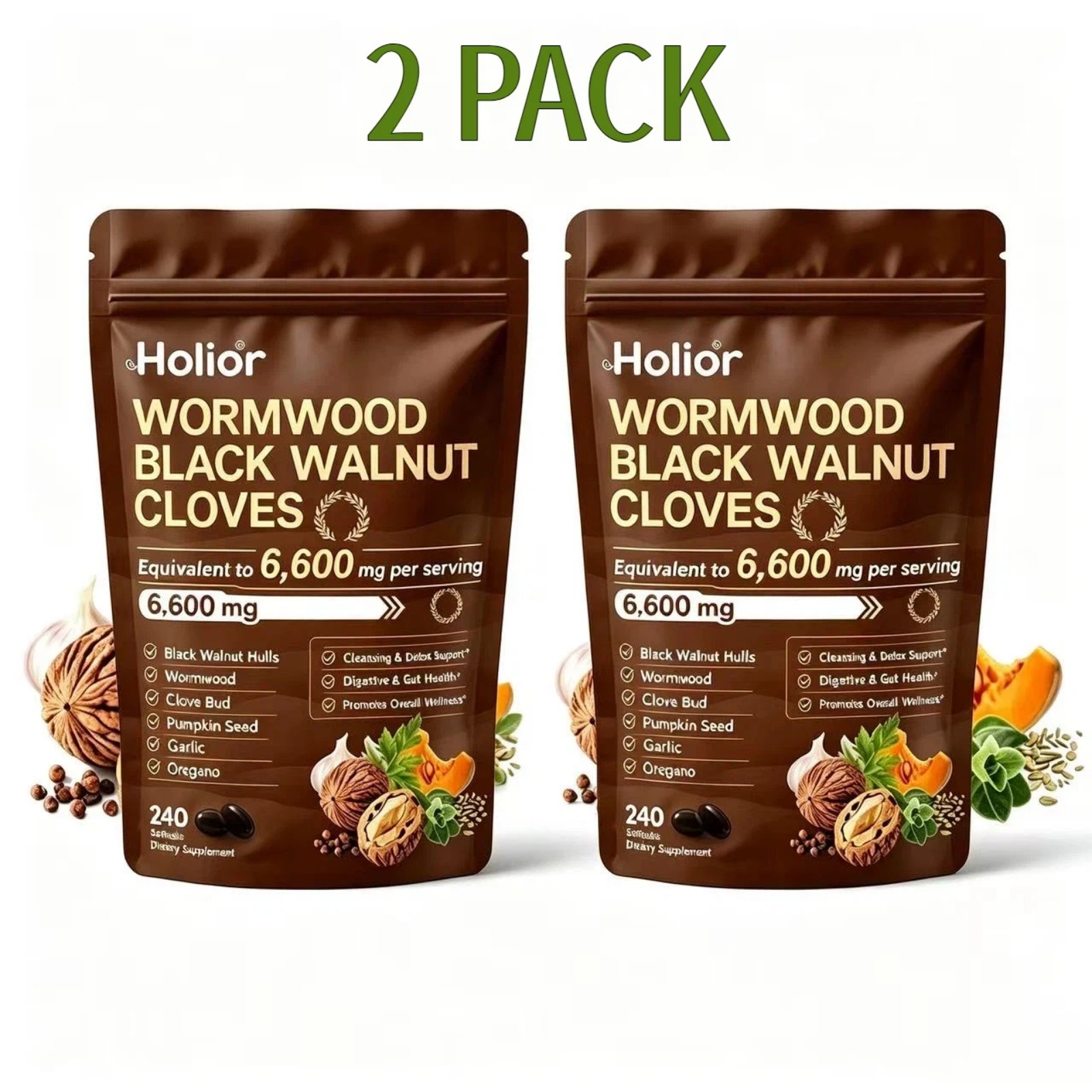 2 PACK Holior Wormwood Black Walnut Clove Herbal Supplement 240 Softgels