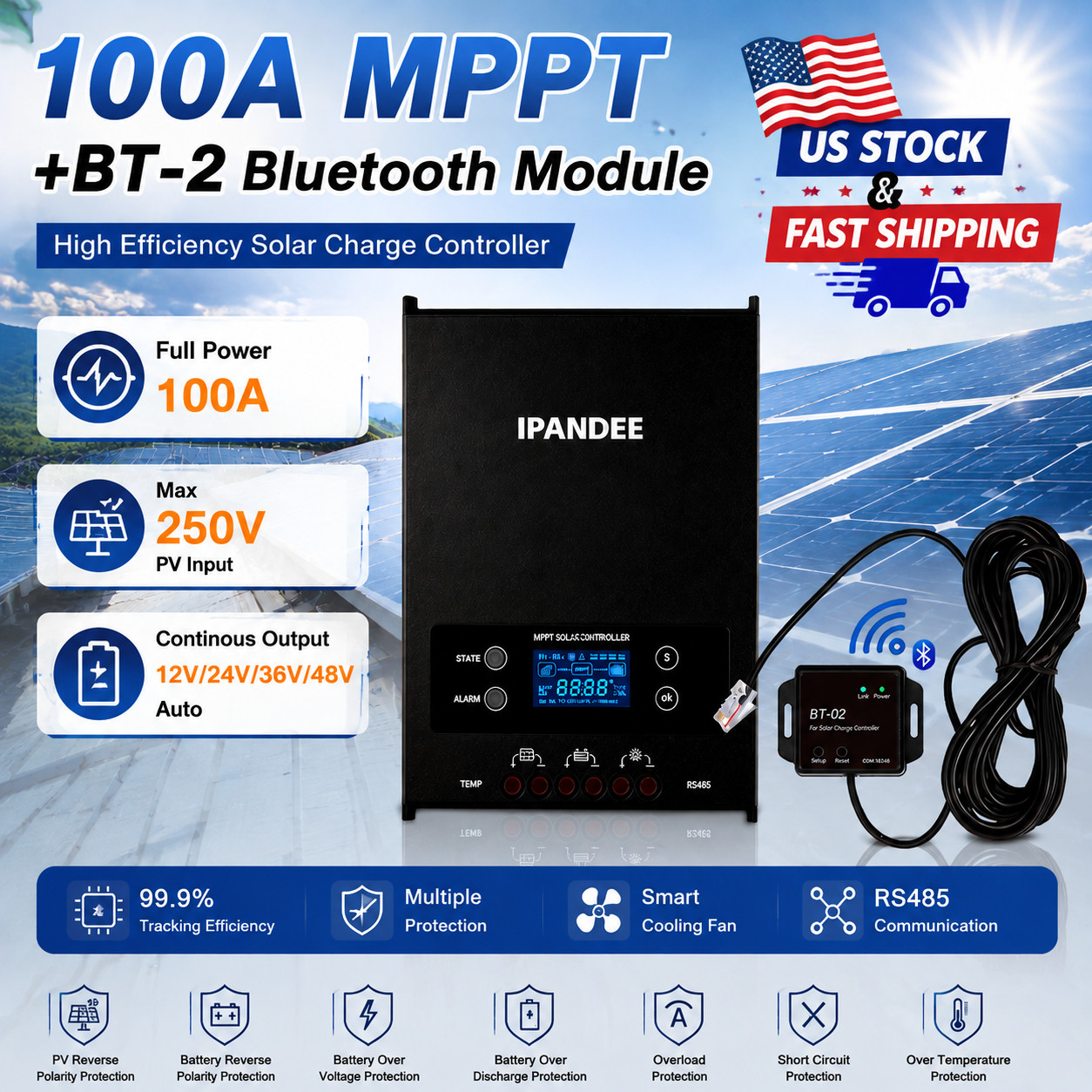 100A MPPT Solar Charge Controller 250VDC PV Input 12V-48V Auto APP LCD with BT