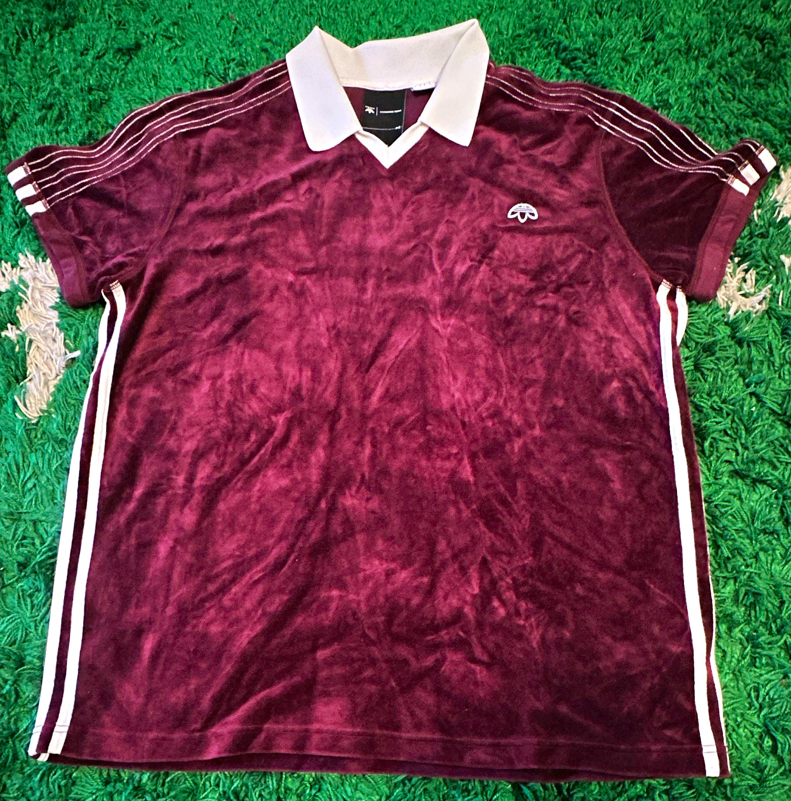 adidas Alexander Wang Men’s Solid Burgundy Short Sleeve Velour Polo Size L adidas Alexander Wang Men’s Solid Burgundy Short Sleeve Velour Polo Size L
