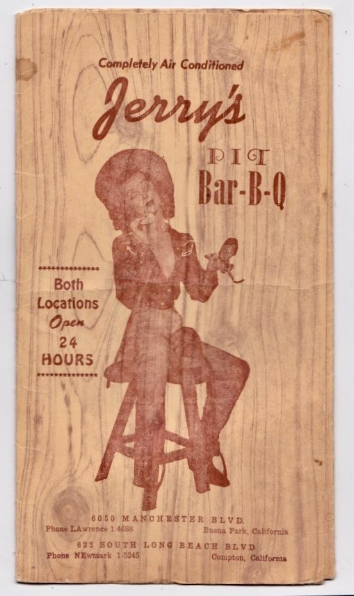 Vintage Rare COMPTON 1950's JERRY'S PIT Bar-B-Q + BUENA PARK, CA Menu-DRIVE-IN Vintage Rare COMPTON 1950's JERRY'S PIT Bar-B-Q + BUENA PARK, CA Menu-DRIVE-IN